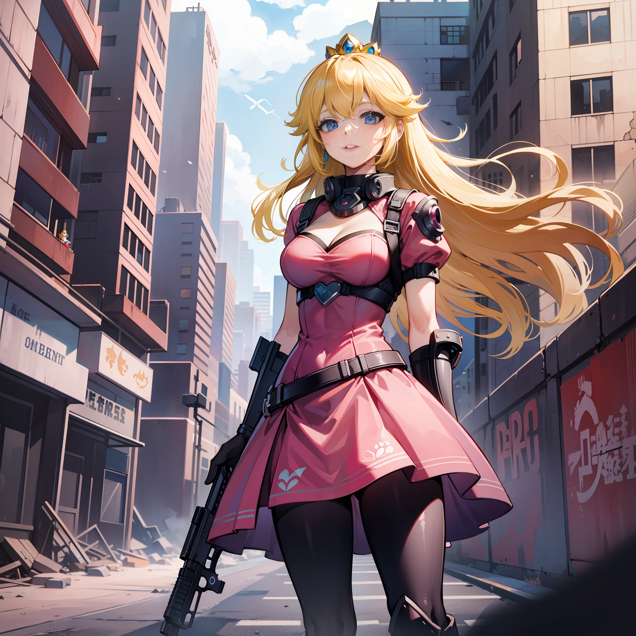 A woman, pink dress, athletic body, holding a gun, short clothes, blonde hair, blue eyes, long hair, in an apocalyptic city, deserted, city destroyed, princess peach,