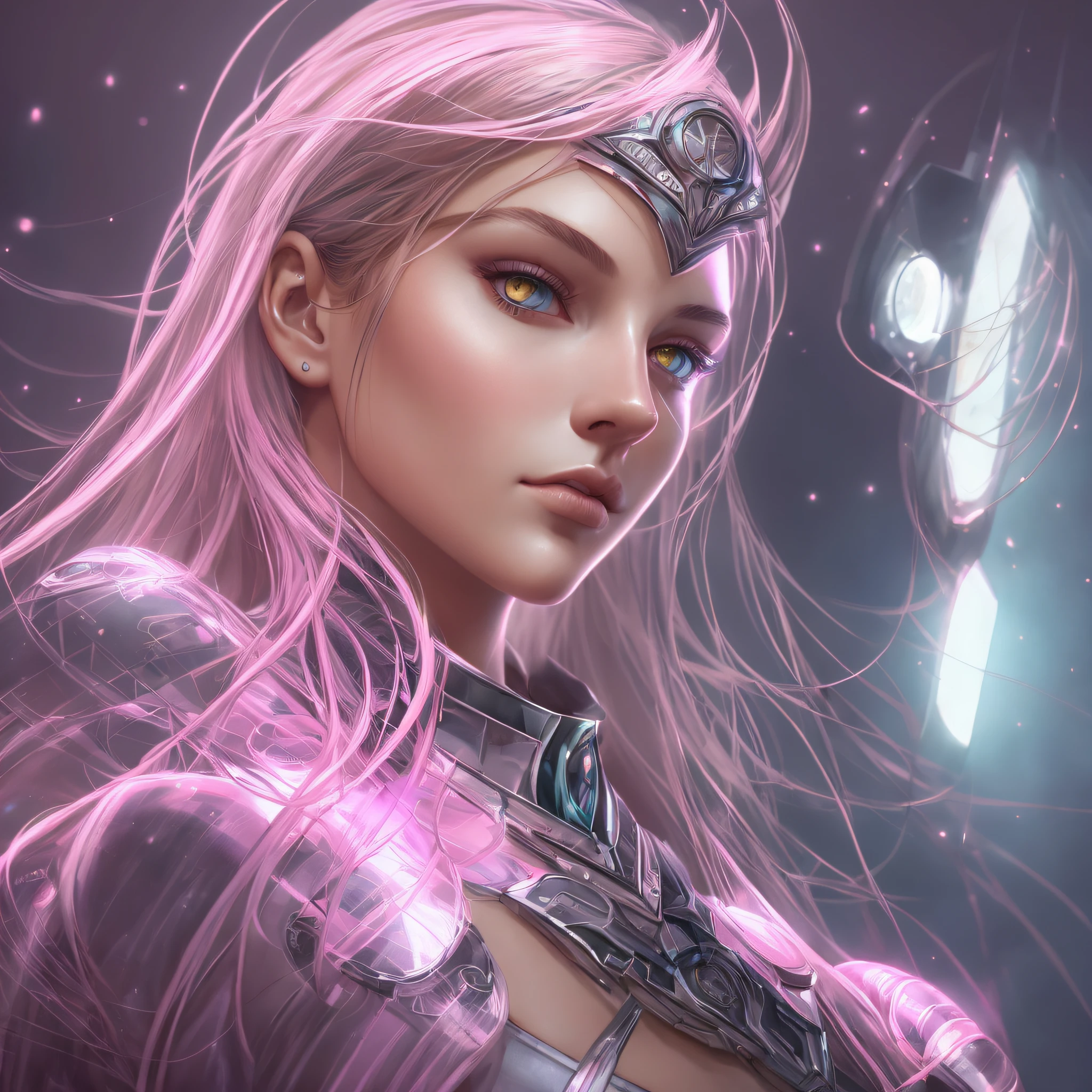 Realistic photo of Greek goddess 18 years old, sci-fi, centered, baby pink gel lighting, geometric shadows, glowing lights, symmetry, depth of field, complex, elegant, highly detailed, digital painting, artstation, concept art, white and pink futuristic costumes, smooth, sharp focus, illustration, imagined by Greg Rutkowski and Boris Vallejo --auto --s2