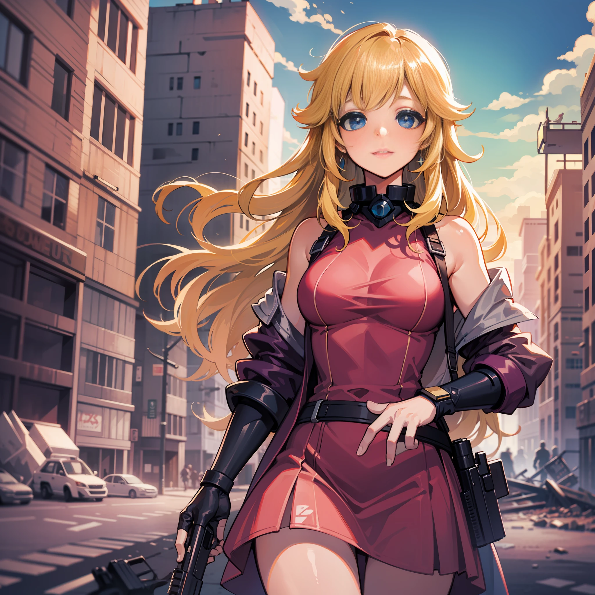 A woman, pink dress, athletic body, holding a gun, short clothes, blonde hair, blue eyes, long hair, in an apocalyptic city, deserted, city destroyed, princess peach,
