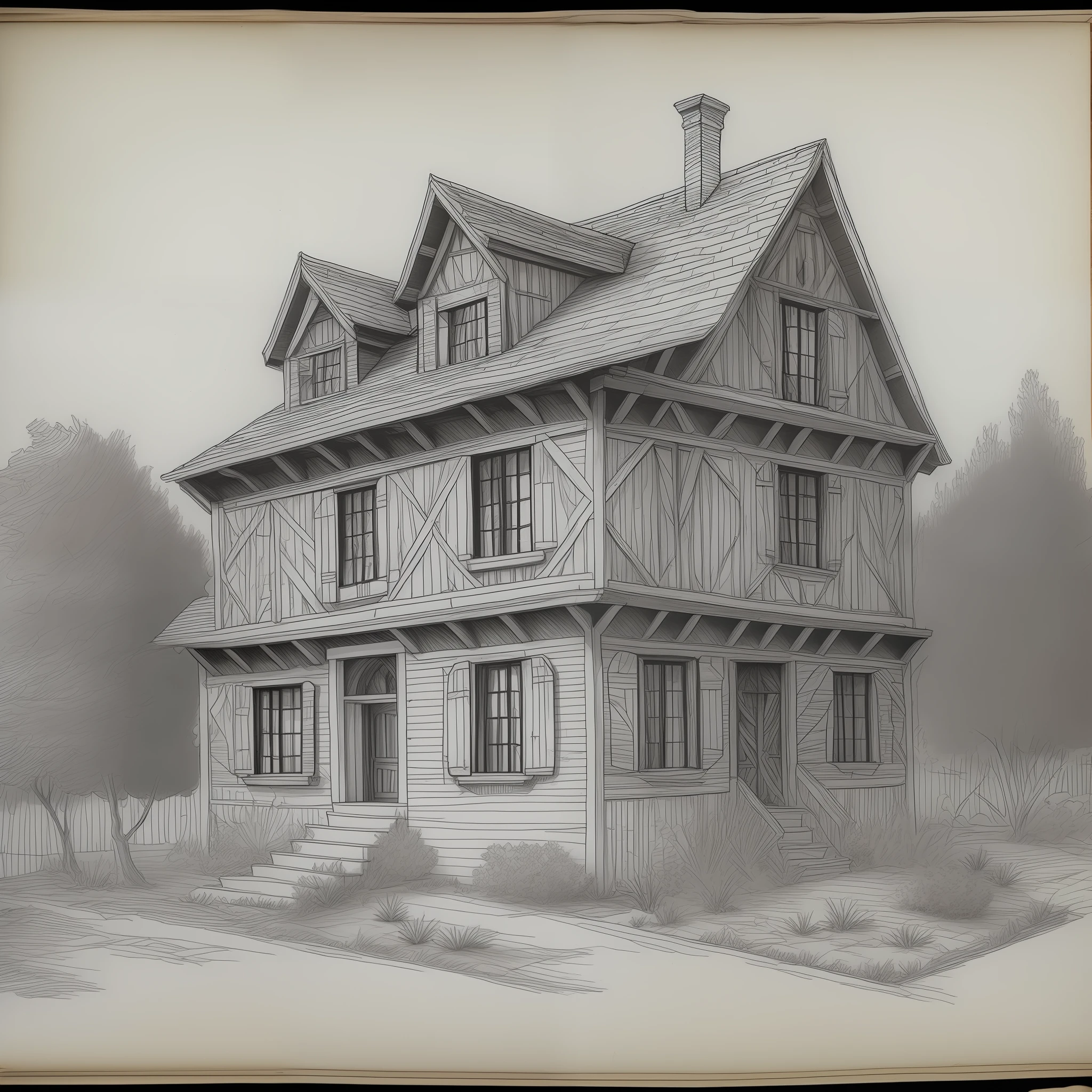 (line drawing: 1.2), handdrawn in black and white on a parchment, (a 2-story medieval house in a square), masterpiece, detailed, handmade, pencil, art, (Leonardo da Vinci art), light, perfect, super detailed, middle ages
