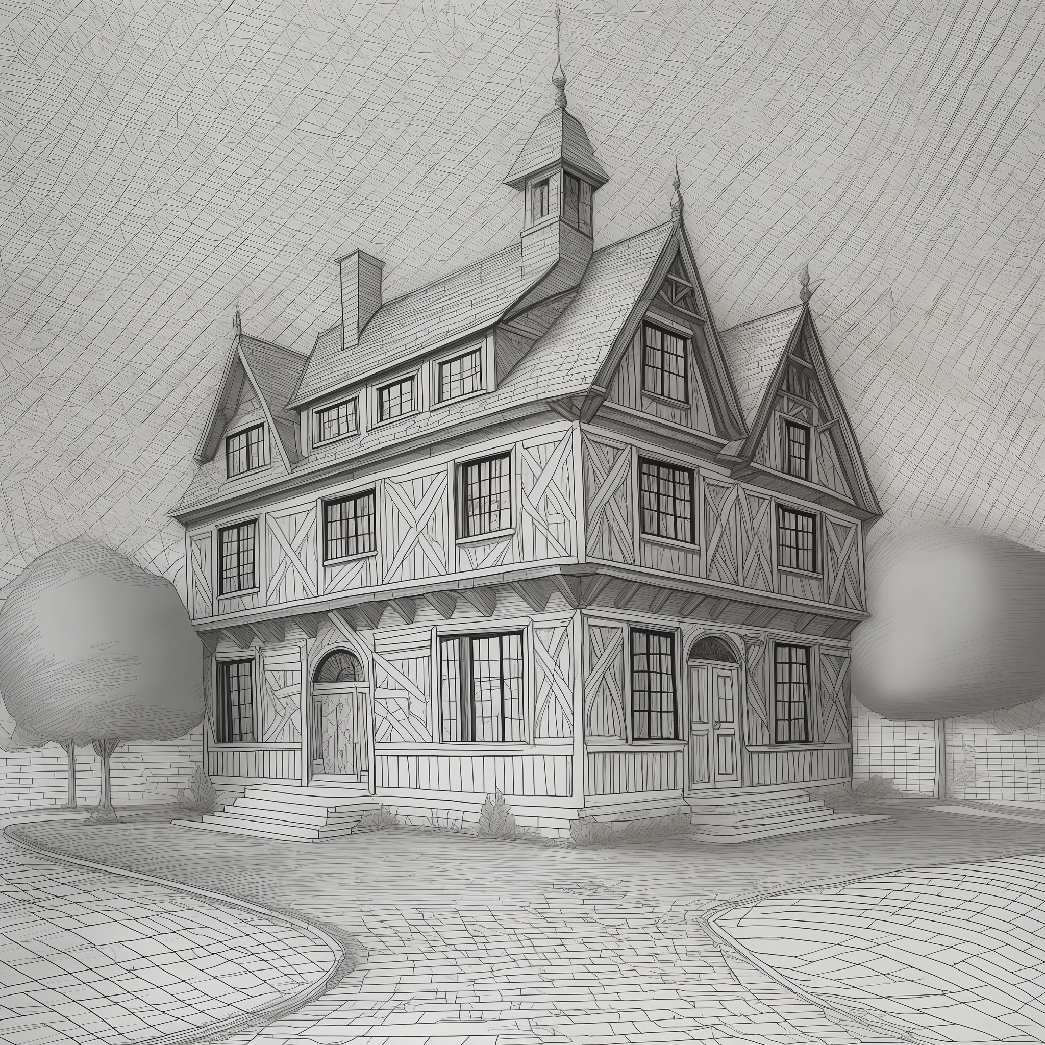 (line drawing: 1.2), handdrawn in black and white on a parchment, (a 2-story medieval house in a square), masterpiece, detailed, handmade, pencil, art, (Leonardo da Vinci art), light, perfect, super detailed, middle ages