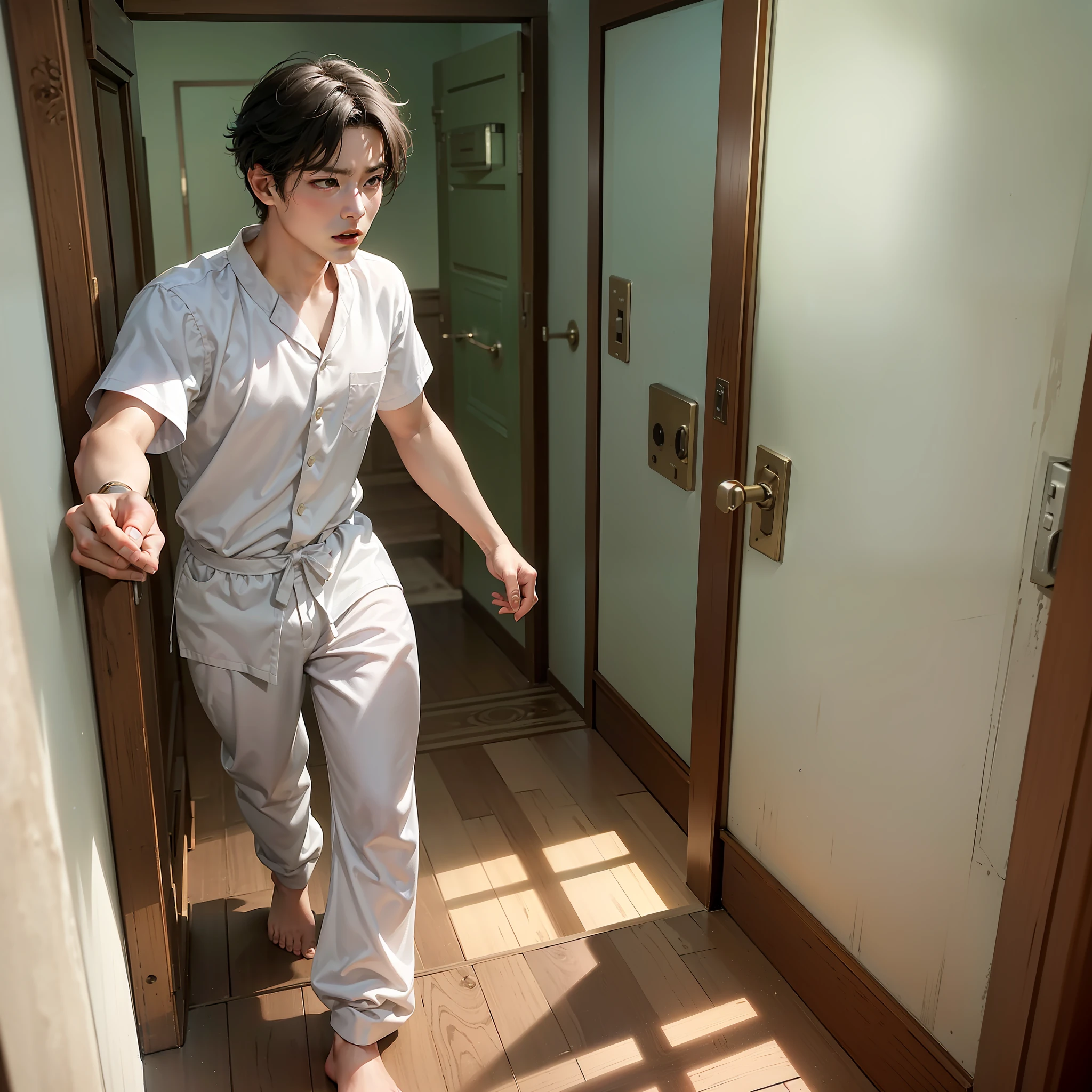 (Chen Ping, dressed in white pajamas, forcefully kicks open the door to the room: 1.9) (His determined expression and powerful kick demonstrate his strength and resolve: 1.8) (The door swings open with a loud bang, revealing a glimpse of the room beyond: 1.9) (The contrast between his peaceful attire and the forceful action adds to the impact of the scene: 1.8) (In the background, we catch a glimpse of a well-kept room with tasteful decor, hinting at Chen Ping's attention to detail: 1.9) (The scene captures a moment of action and intensity, suggesting an important event or confrontation: 1.8)