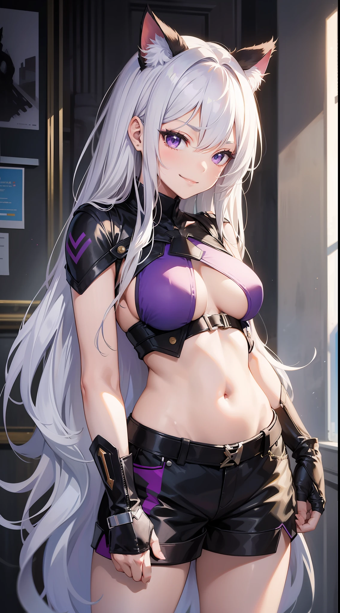 Young girl, long white hair, purple eyes, cat ears, superhero uniform, shorts, sleeveless, open belly, inner sideboob, smirk, masterpiece, high quality