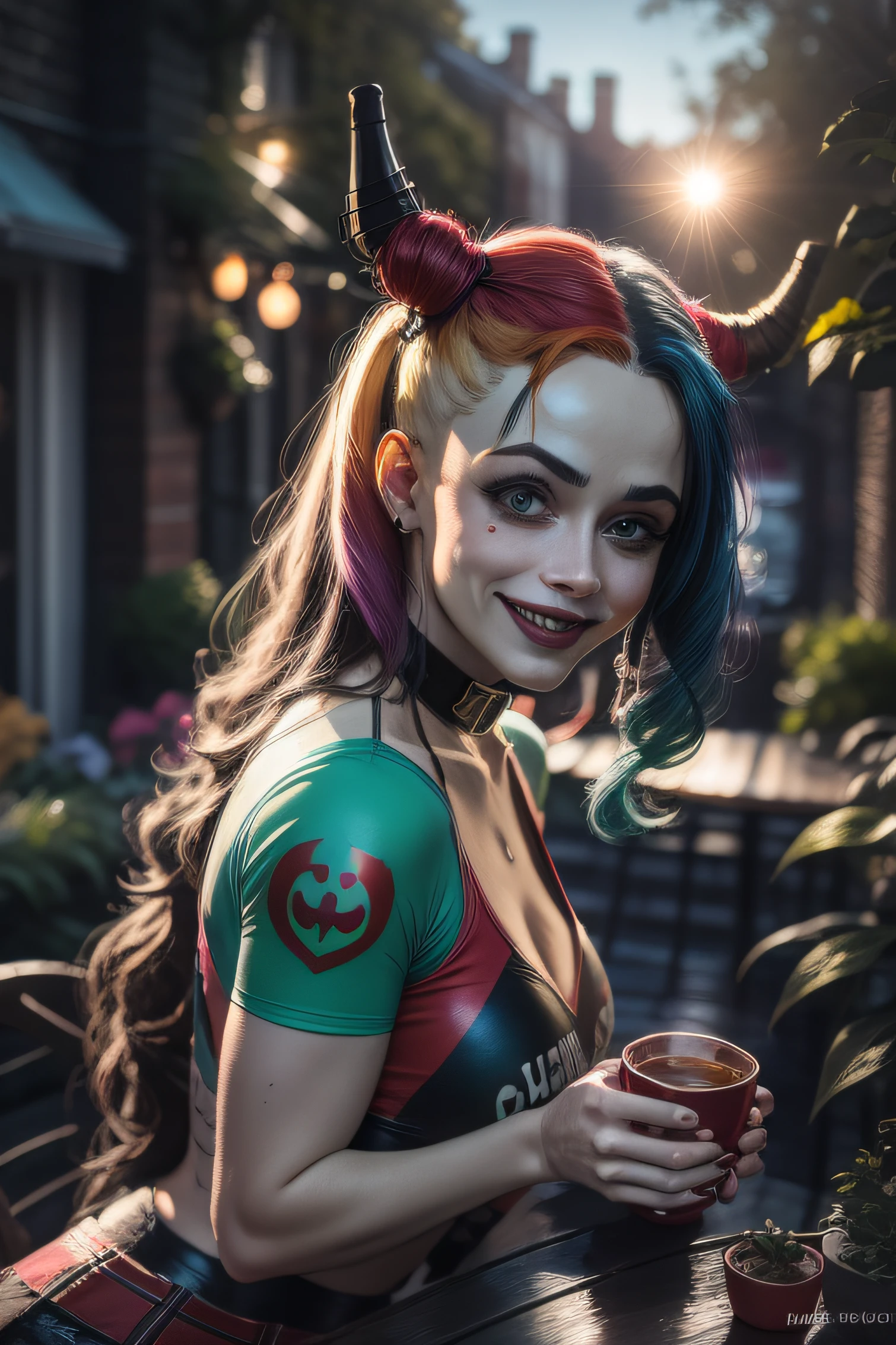 Harley Quinn enjoying a cup of tea in a cozy, sun-drenched garden.