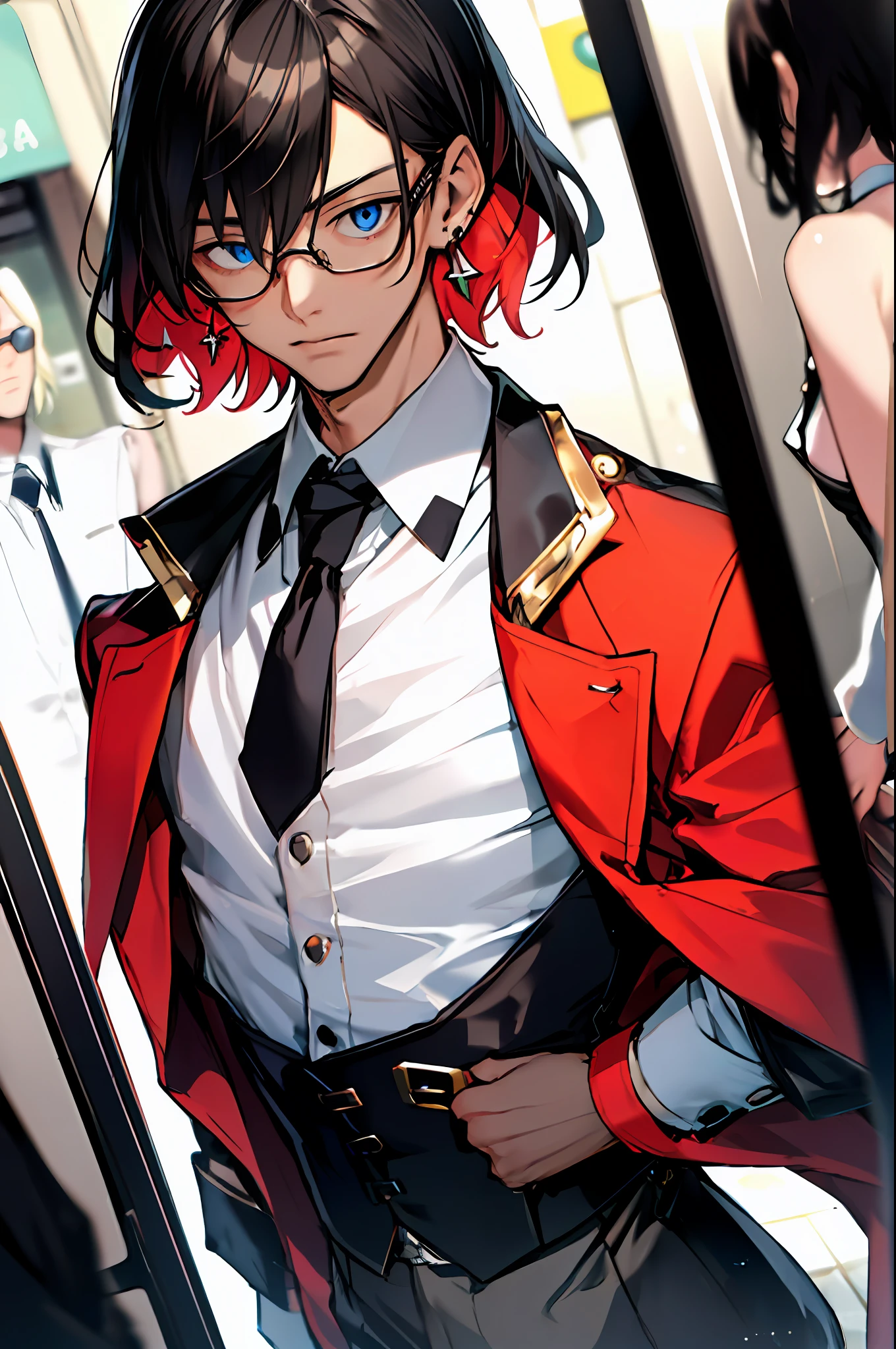 masterpiece, best quality, (1 man: 1.3), 25 years old, short hair, colored ends, straight hair, colored glasses, earrings, tie, topless, corset, mafia style, handcuffs, wraparound coat, street, from above, (Dutch angle, fisheye), lens reflection, depth of field