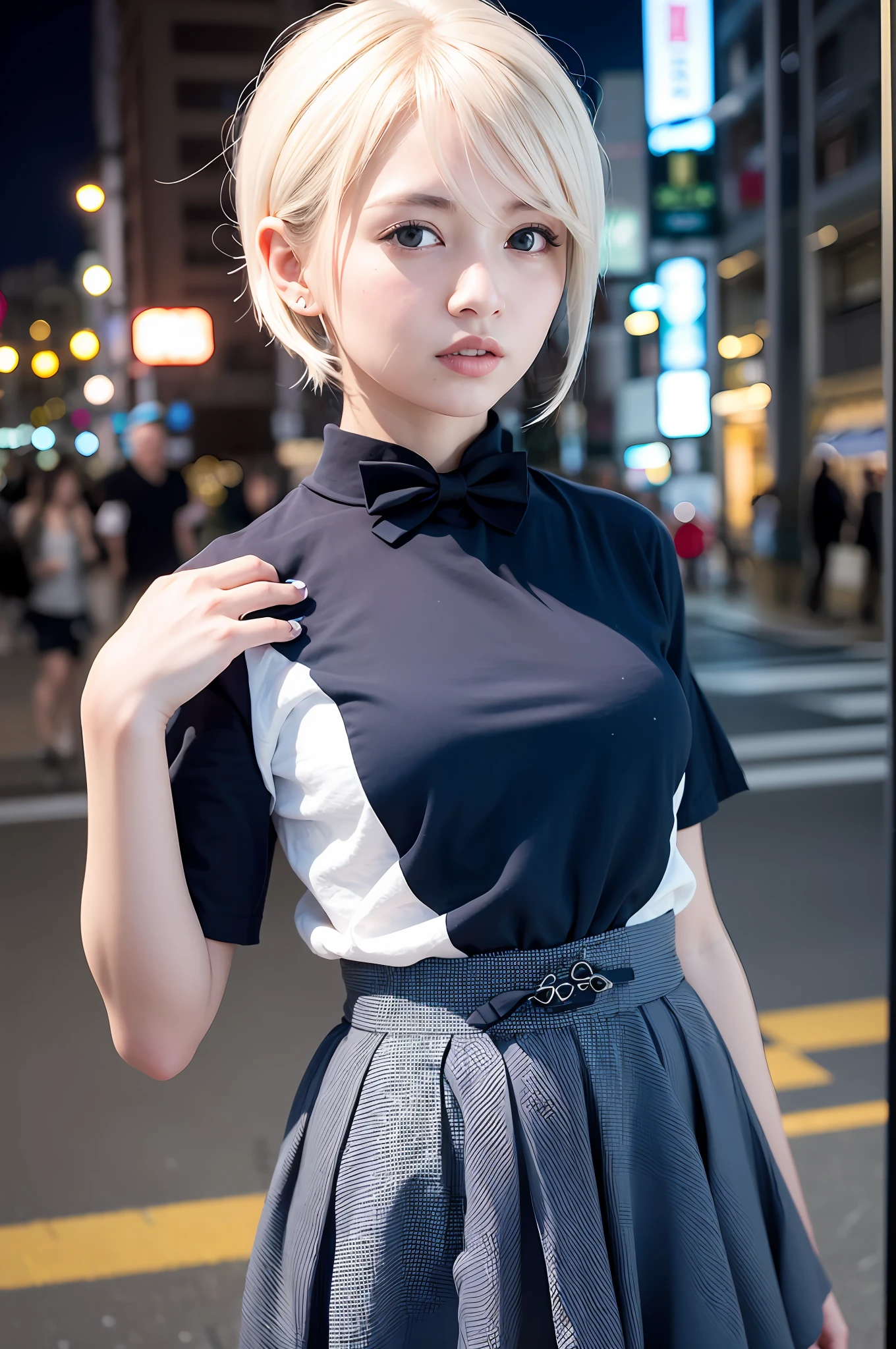 (8k, RAW photo, best quality, masterpiece:1.3),(realistic,photo-realistic:1.37),(night),(looking at viewer:1.331),(white hair),posing,Tokyo street,nightcityscape, cyberpunk city,soft light,1girl,extremely beautiful face,bust,put down hands,Random hairstyle,Random expression,big eyes, ,lower abdomen,(short-sleeved JK_shirt),JK_style,(dark blue JK_skirt) ,(bow JK_tie),mix4,  detailed eyes