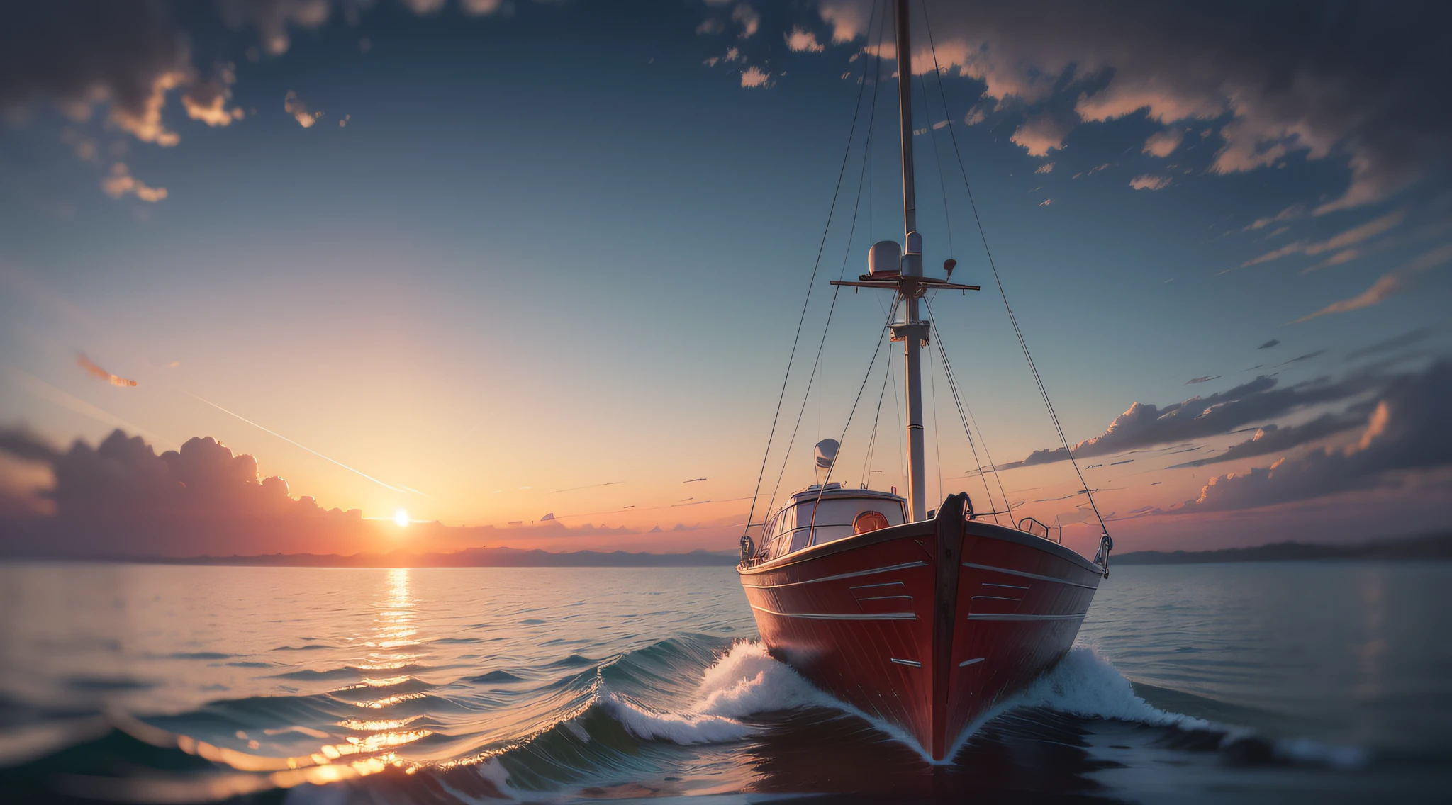 Sunset, inside a boat, wonderful vita, Realism, Hyperrealism, cinematic lighting, backlighting, Canon, panorama, UHD, super detail, high details, 16k