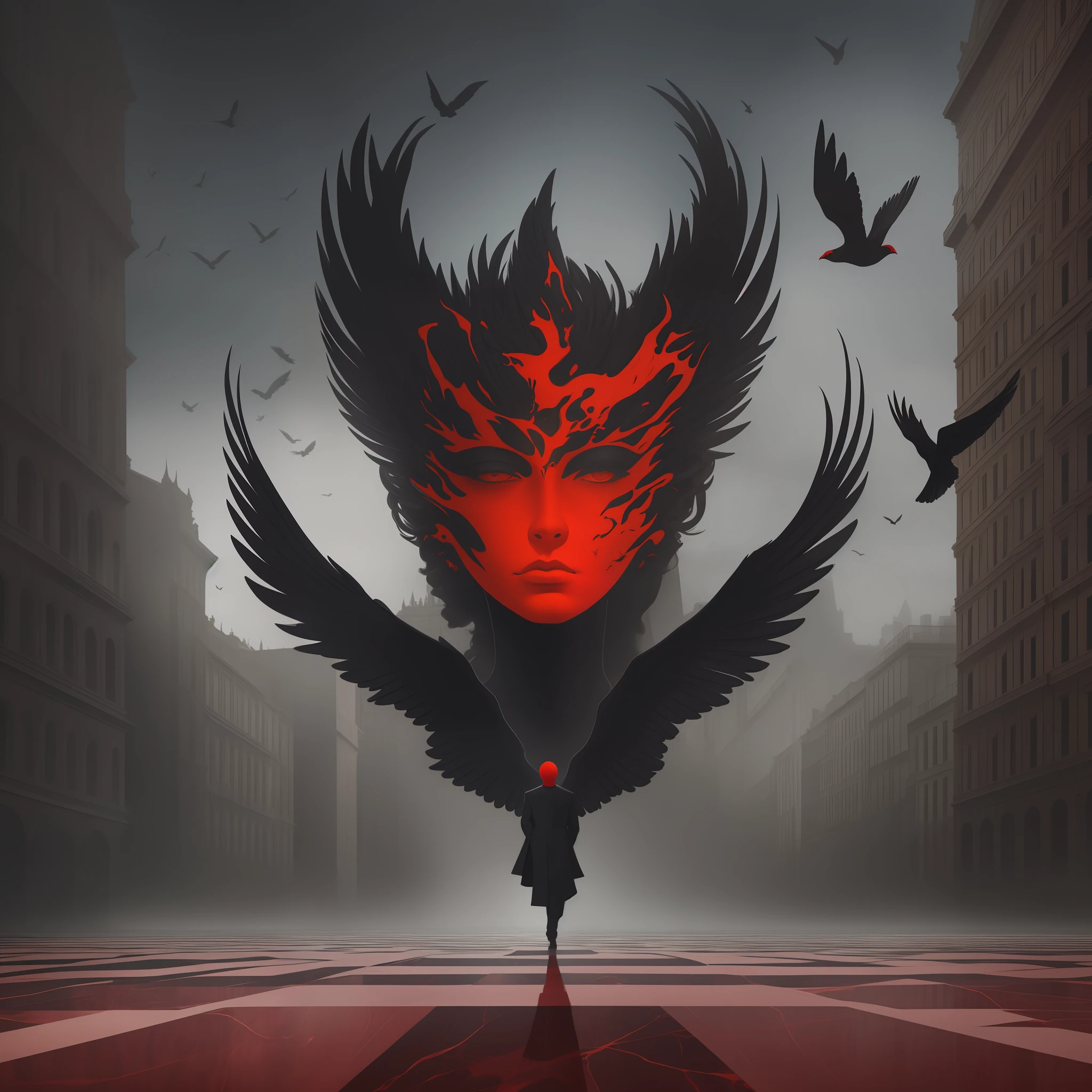 concept artwork, Salvador Dali+Rene Magritte+Architectural Art + b/w photography by Pierre Verger / style fusion / Red marble man's head floating with Black birds around/ mystical and spiritual atmosphere / dark tones / supernatural/Macro lens/Surreal juxtapositions/ Surrealism--ar 1080:1350 --c 12