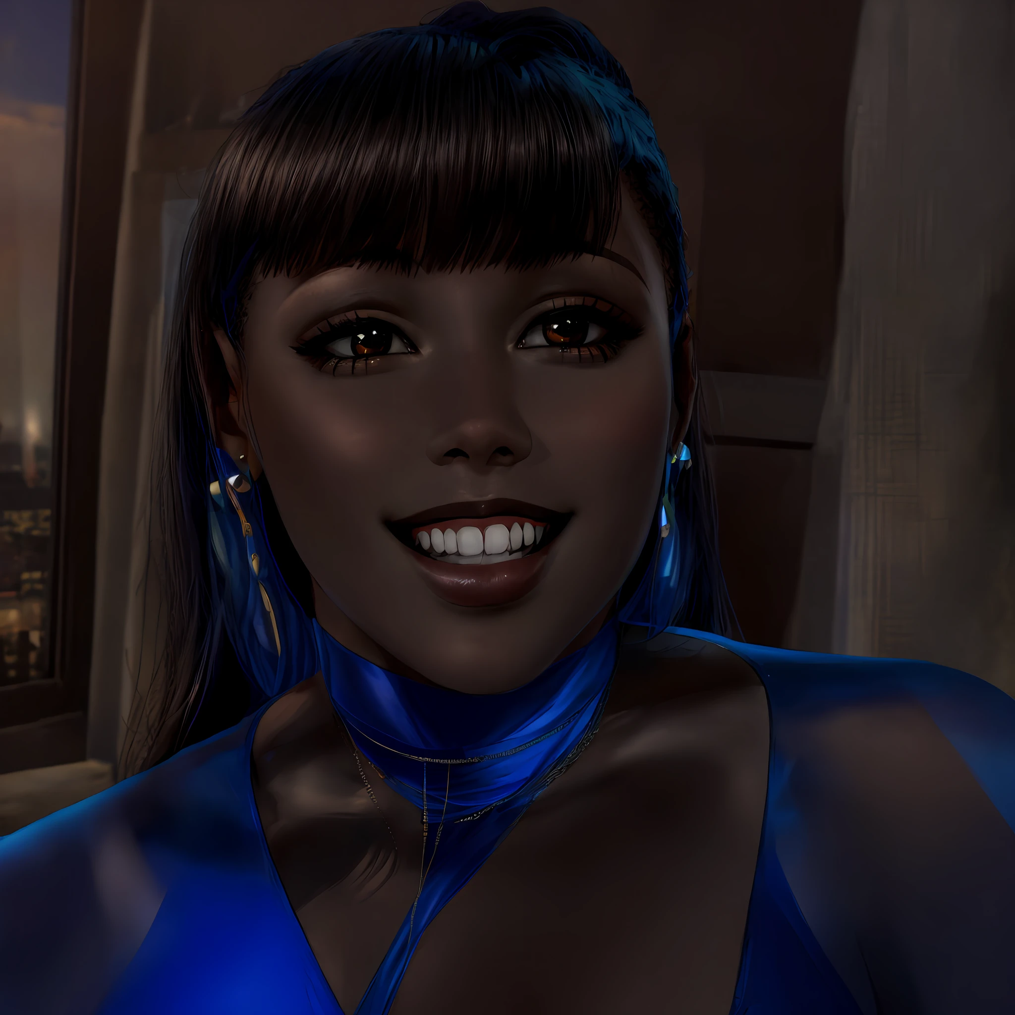 Black girl with straight long hair, big tits, neckline, with blue dress, smiling, posing, 8k, realistic, photorealism, 8k, detailed, soft lighting, studio background,