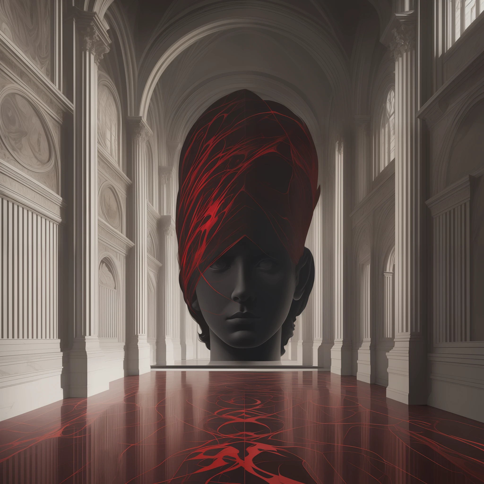 concept artwork, Salvador Dali+Rene Magritte+Architectural Art + b/w photography by Pierre Verger / style fusion / Red marble man's head floating with Black birds around/ mystical and spiritual atmosphere / dark tones / supernatural/Macro lens/Surreal juxtapositions/ Surrealism--ar 1080:1350 --c 12