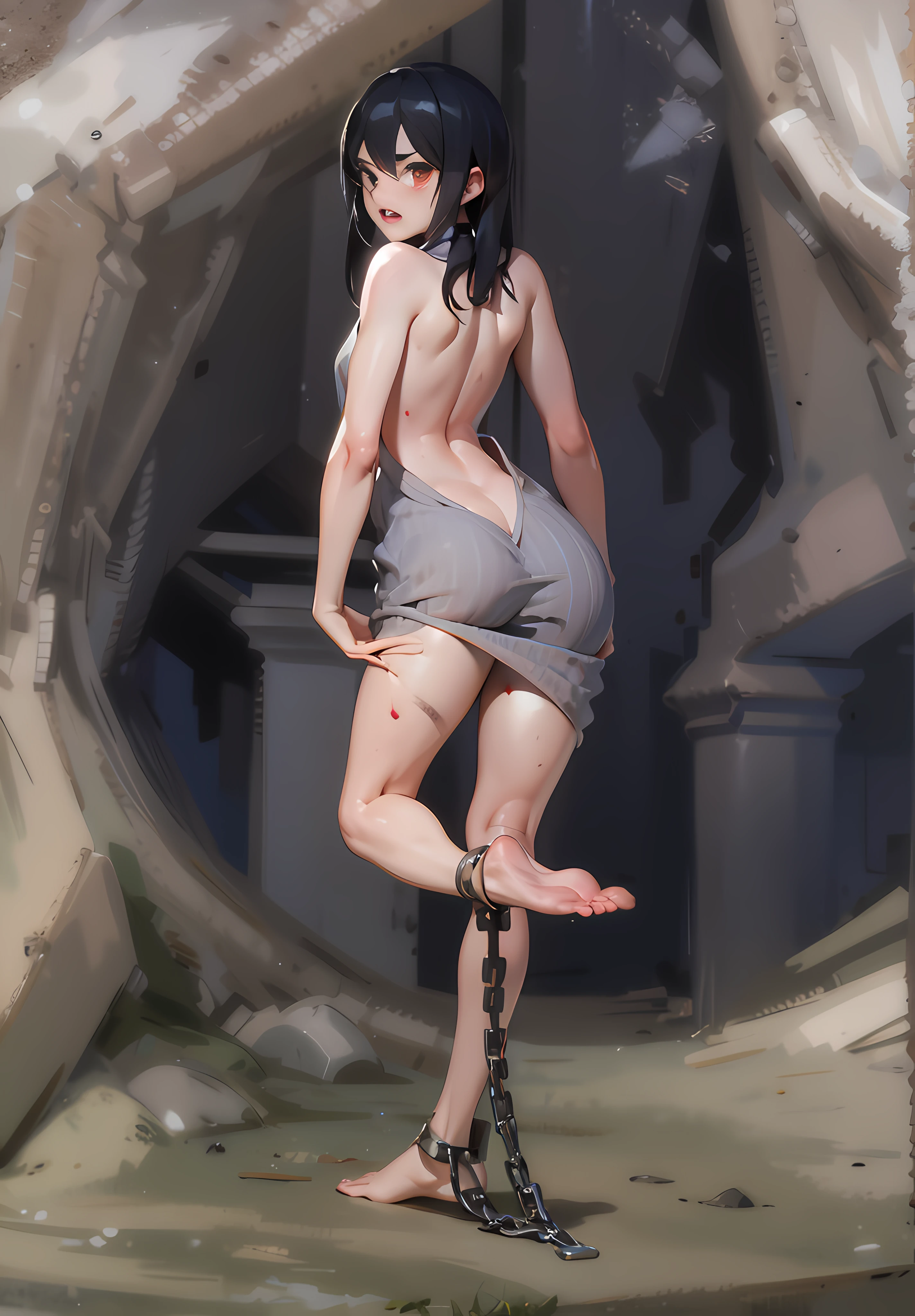 3D two-dimensional, redraw light and shadow, wearing tattered sackcloth clothes, hemp rope tied around the waist, black handcuffs locked with both hands, black leg shackles locked with both feet, black collar locked around the neck, handcuffs and leg shackles linked to black iron chain binding, highlighting black whip scars on the body, highlighting handcuff metal materials, highlighting handcuffs reflective material, highlighting serious black scars on the face, bare feet, highlighting facial tears, highlighting arm whipping black scars, highlighting foot whipping black scars, highlighting the torn neckline of clothes, highlighting tattered cuffs, Highlight the tattered skirt of the dress, optimize the two-hand work, clench the fist with the left hand, clench the fist with the right hand, highlight the dirty clothes, highlight the dirty face, highlight the blood-red handcuff scars on the wrists, highlight the blood-red scars on the neck, clear painting style, 4K, frightened expression, redraw body proportions, slim figure, bare feet, painful expression, highlight dirty soles of the feet