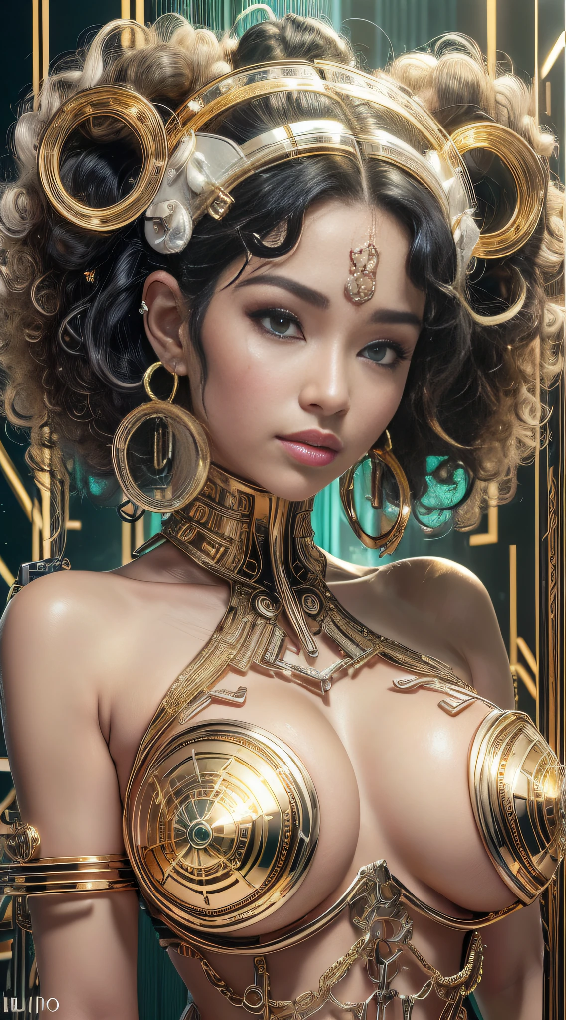 Woman naked in gold body jewelry, in ears (golden metal hearing aid), golden earplugs, ((nasal plugs)), Highly Detailed Face and Skin Texture, ((white skin)) big green eyes, slim face, juicy lips, bimbo lips, big puffy breast, mikro breastplates ((afro curly Black hair)), Black hair, pale skin, Detailed Perfect Eyes, Double Eyelids, cyberpunk gold metal jewelry BDSM, gold metal cyberpunk tapes on body, metal Collar, metal gold futuristic tiny Panties t-strings, metal panties, metal stickini, metal cupless bra, metal clothes, gold body jewelry, wet skin, she is naked. ((golden metal hearing aid)), nasal plugs, White skin, she is im Wilde dark jungle with big trees. masterpiece