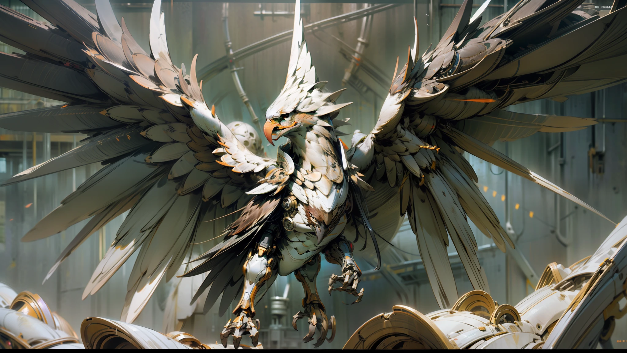 Mechanical eagle with wings spread high, placed in the center of the frame, facing the audience frontally, eagle in network armor, ((((eagle))), ((bilateral symmetry))), mechanical feathers, plus part of the reelmech tube with bone and shell, red biomechanical details, highly realistic concept art, film quality monocular camera photo quality, ultra-detailed digital art, detailed digital concept art, highly detailed digital artwork, realistic complex concept art, surrealist concept art, beautiful digital artwork, robot bird, highly detailed digital art, high-quality digital concept art,