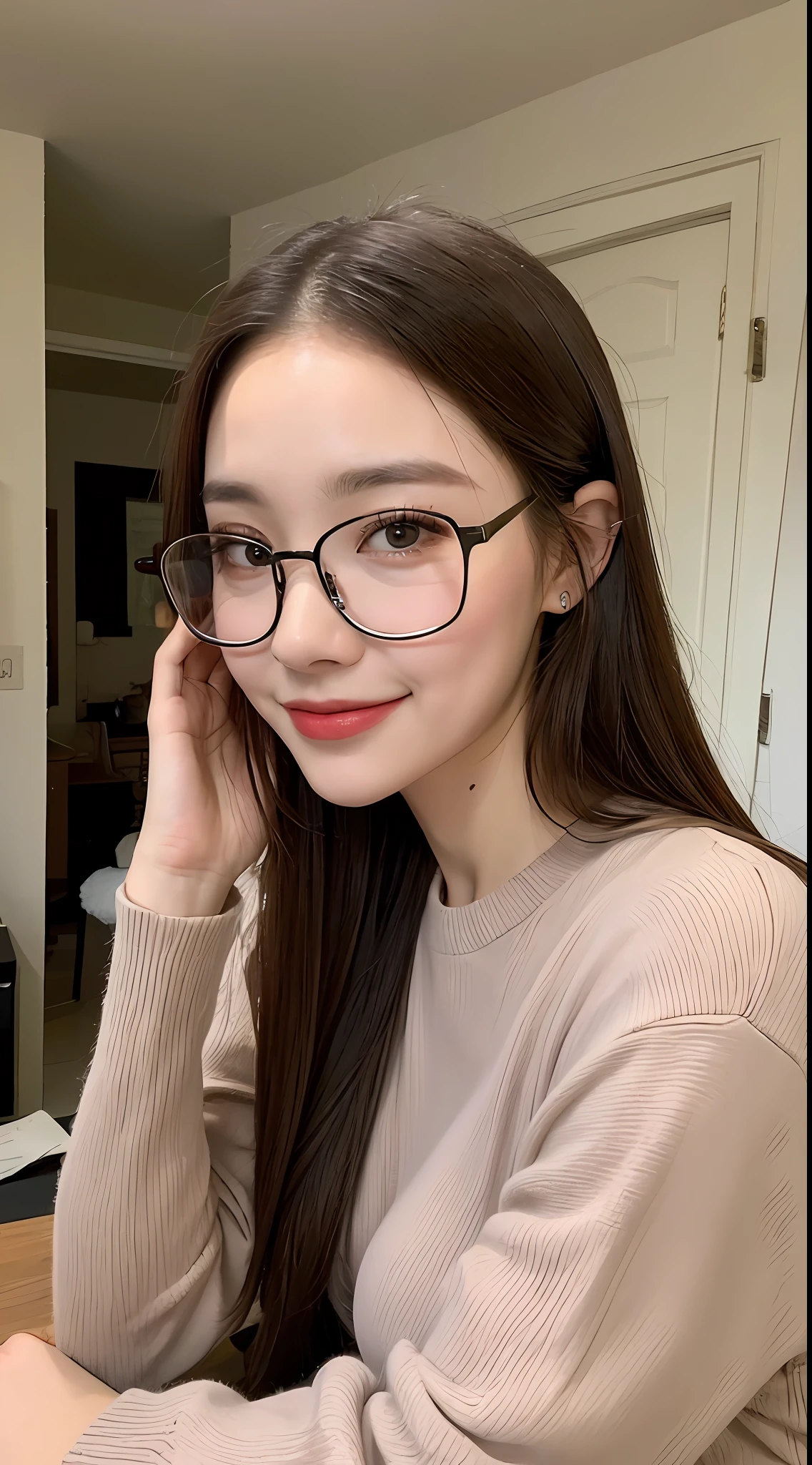 ((Best Quality, 8K, Masterpiece: 1.3)), 1girl, Slim Abs Beauty: 1.3, (Long Hair, Big Breasts: 1.2), Dress: 1.1, Super Fine Face, Detailed Eyes, Double Eyelids, Smile, Home, Vintage Black-framed Glasses