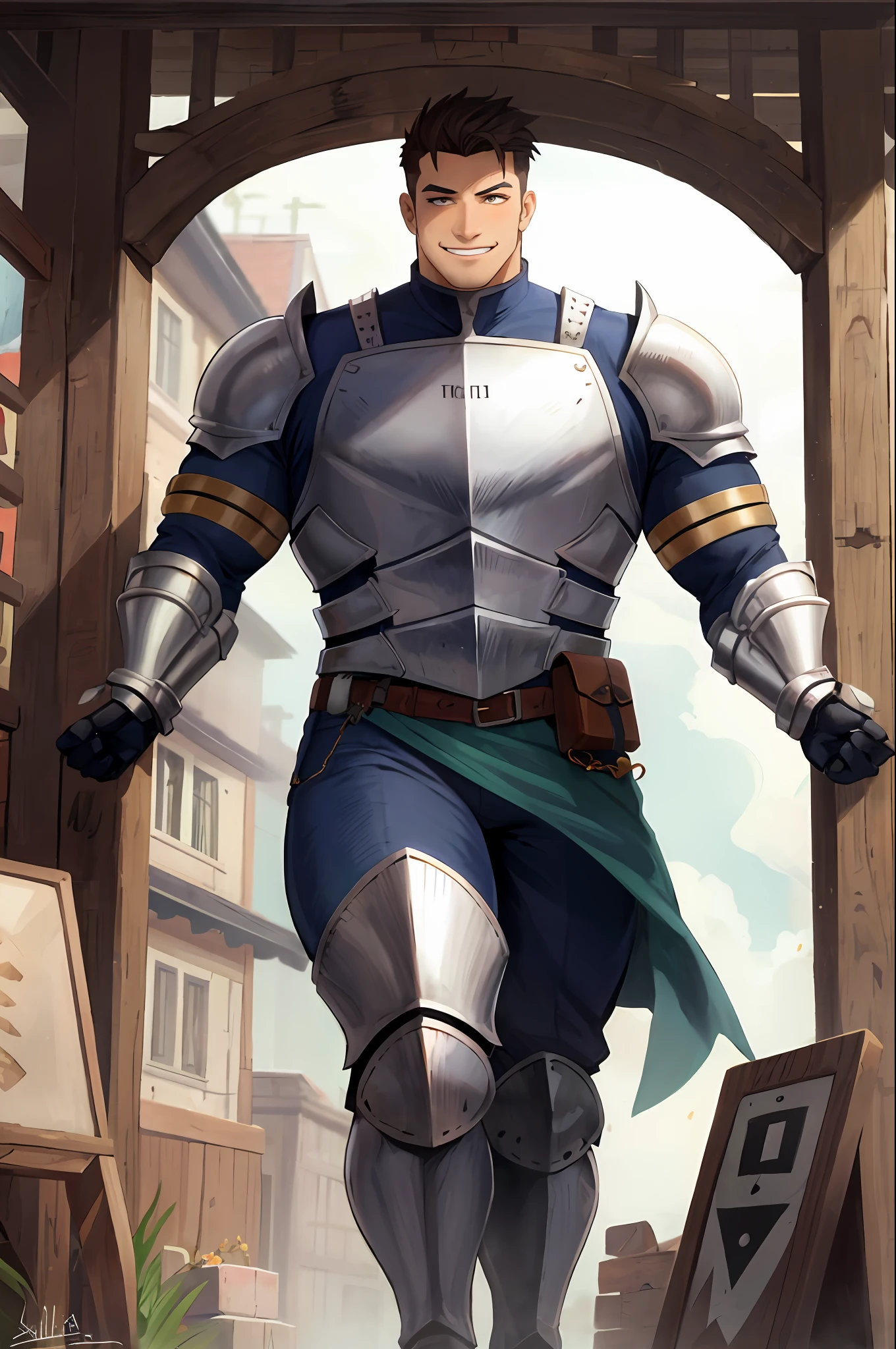 muscular male, knight, pants, smug, big smile, cartoonish, plumpvest, aventure, warrior