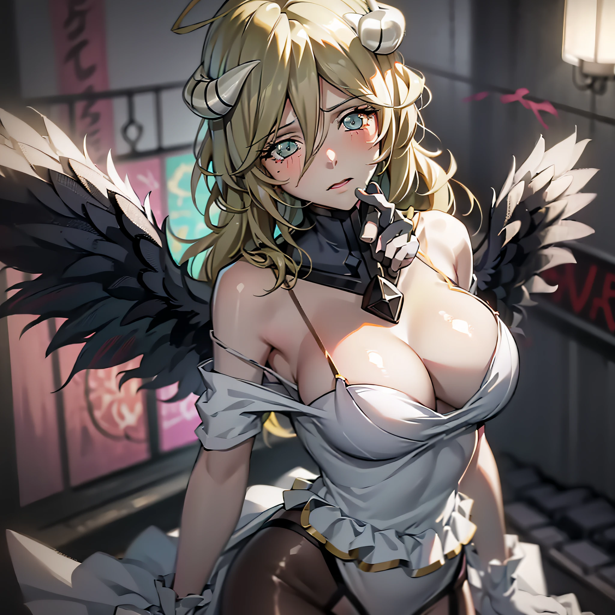 Ultra realistic 8K CG, picturesque perfect face, perfect, clean, masterpiece, professional artwork, famous artwork, perfect face, beautiful face, beautiful eyes, blonde hair, ((perfect female body)), big, solo, (blush: 0.5), highly detailed eyes, beautifully detailed background, depth of field, (ambient light: 1.3), (cinematic composition: 1.3), accent lighting, narrow waist, standing, AL1, demon horns, white gloves, white dress, bare shoulders, detached collar, cleavage, slit pupils, black wings, feathered wings, low wings