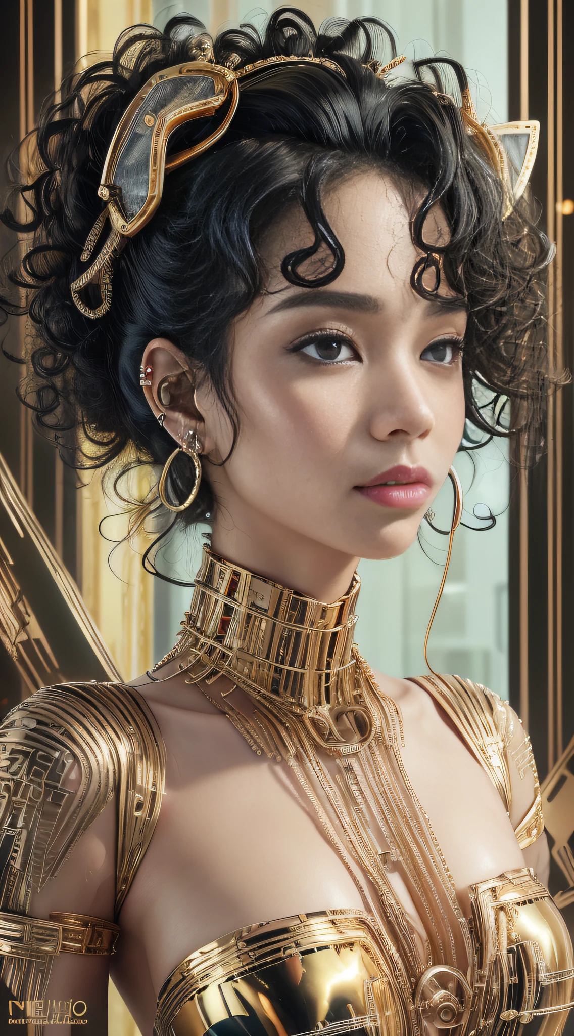 Woman naked in gold body jewelry, in ears (golden metal hearing aid), golden earplugs, ((nasal plugs)), Highly Detailed Face and Skin Texture, ((white skin)) big green eyes, slim face, juicy lips, bimbo lips, big puffy breast, mikro breastplates ((afro curly Black hair)), Black hair, pale skin, Detailed Perfect Eyes, Double Eyelids, cyberpunk gold metal jewelry BDSM, gold metal cyberpunk tapes on body, metal Collar, metal gold futuristic tiny Panties t-strings, metal panties, metal stickini, metal cupless bra, metal clothes, gold body jewelry, wet skin, she is naked. ((golden metal hearing aid)), nasal plugs, White skin, she is im Wilde dark jungle with big trees. masterpiece