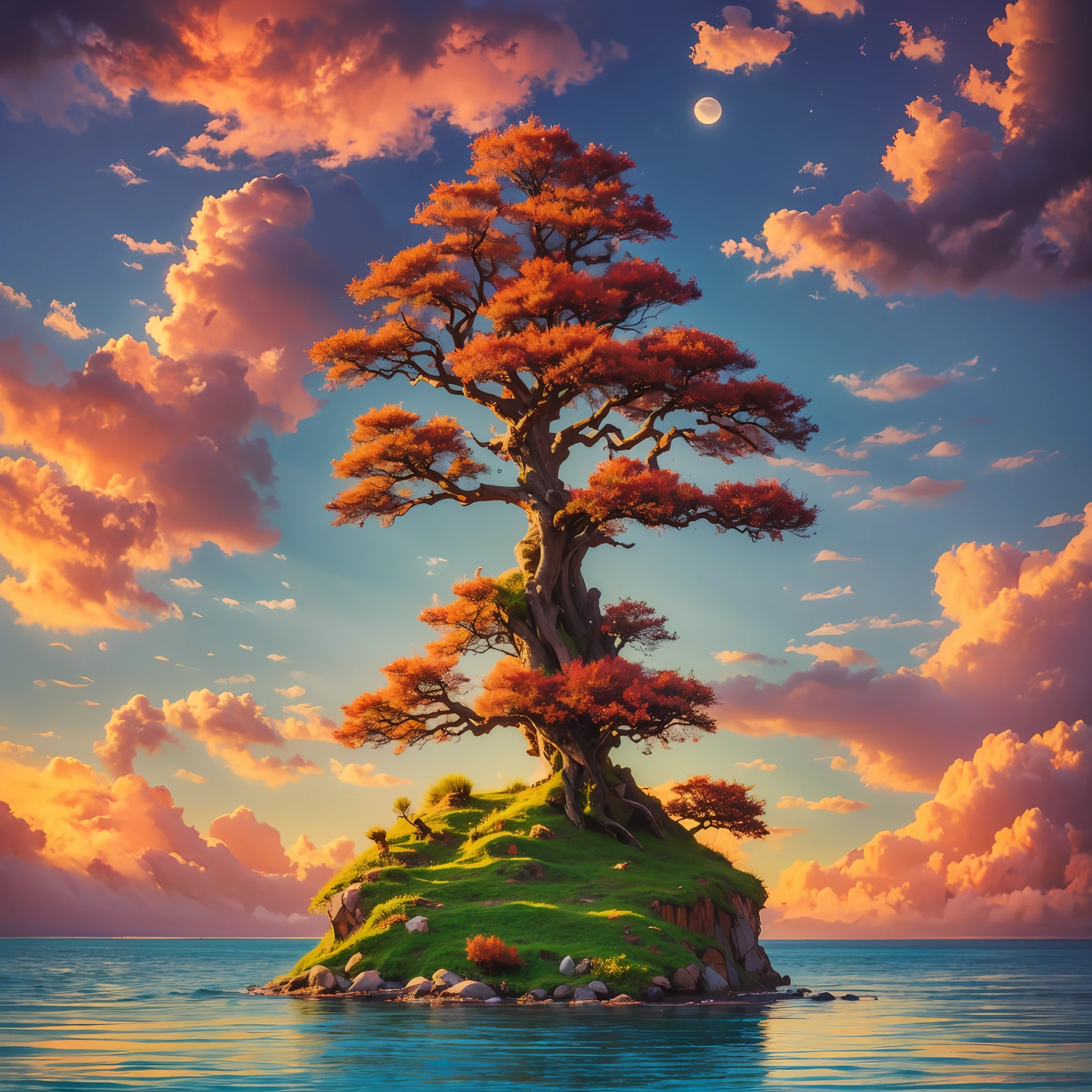 Painting of a tree on a floating island in the middle of the calm sea, bonsai style tree, calm night. Digital illustration, Cyril Rolando and Goro Fujita, serene illustration, fancy fancy landscape art, the tree is on top of a calm sea, in the style of Cyril Rolando, inspired by Cyril Rolando, a beautiful art illustration, dreamlike digital painting, fantasy tree, sea and super realistic tree --auto --s2