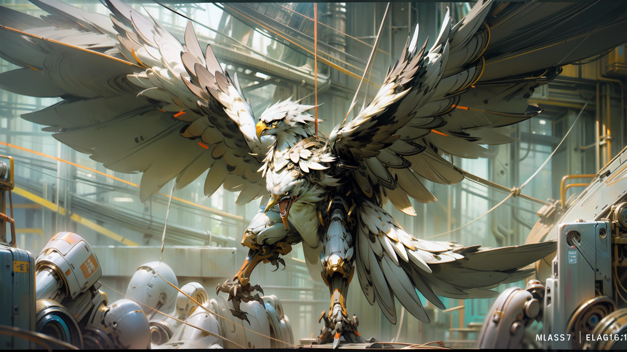 Mechanical eagle with wings spread high, placed in the center of the frame, facing the audience frontally, eagle in network armor, ((((eagle))), ((bilateral symmetry))), mechanical feathers, plus part of the reelmech tube with bone and shell, red biomechanical details, highly realistic concept art, film quality monocular camera photo quality, ultra-detailed digital art, detailed digital concept art, highly detailed digital artwork, realistic complex concept art, surrealist concept art, beautiful digital artwork, robot bird, highly detailed digital art, high-quality digital concept art,