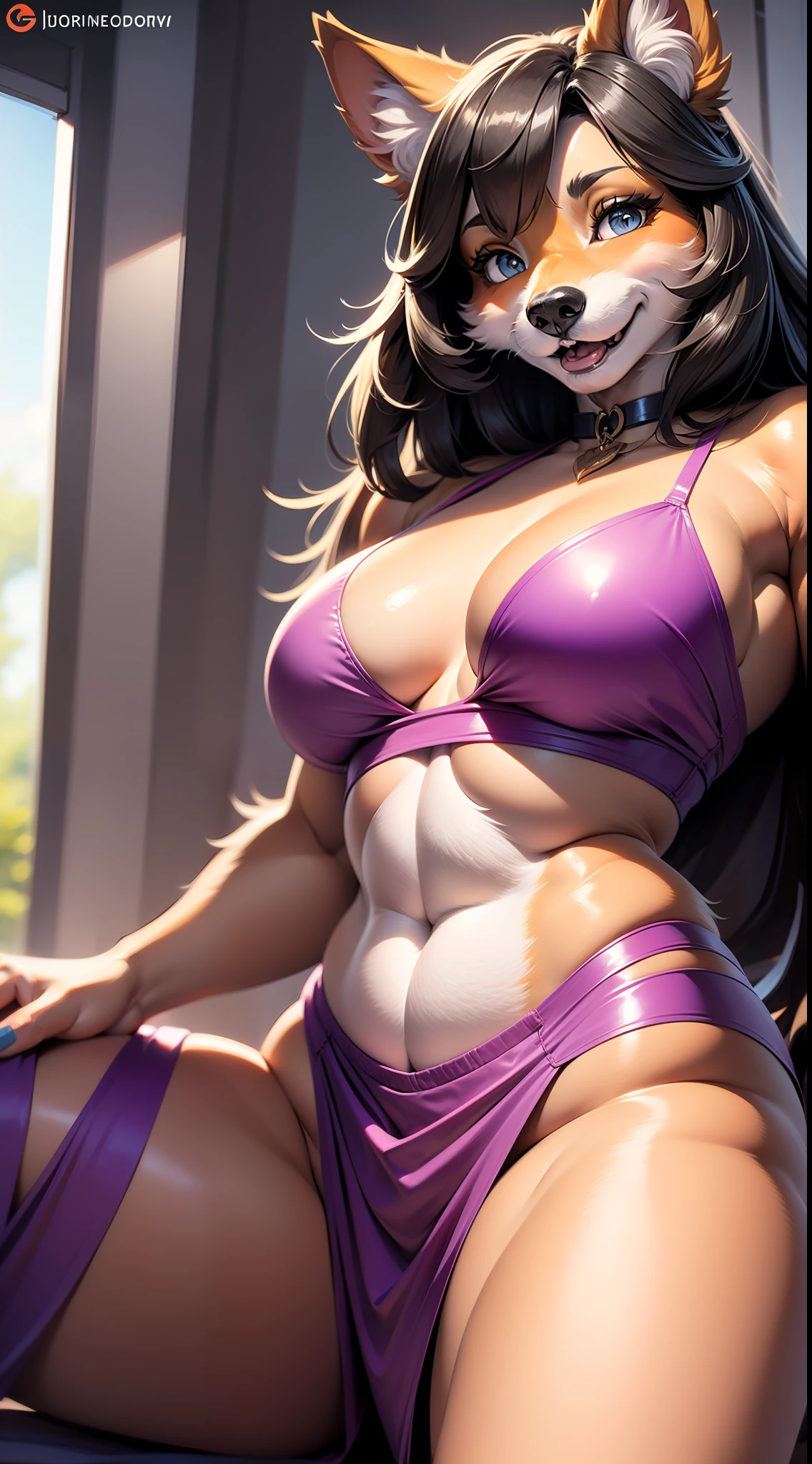 anthro, fluffy fur, character focus:1.1), 1girl, anthro dog girl, body fur, solo, medium breasts, (thick thighs:0.3), curvy,(upskirt:1.2)(seductive pose:1.2) (pinup)(high angle shot:1.2)