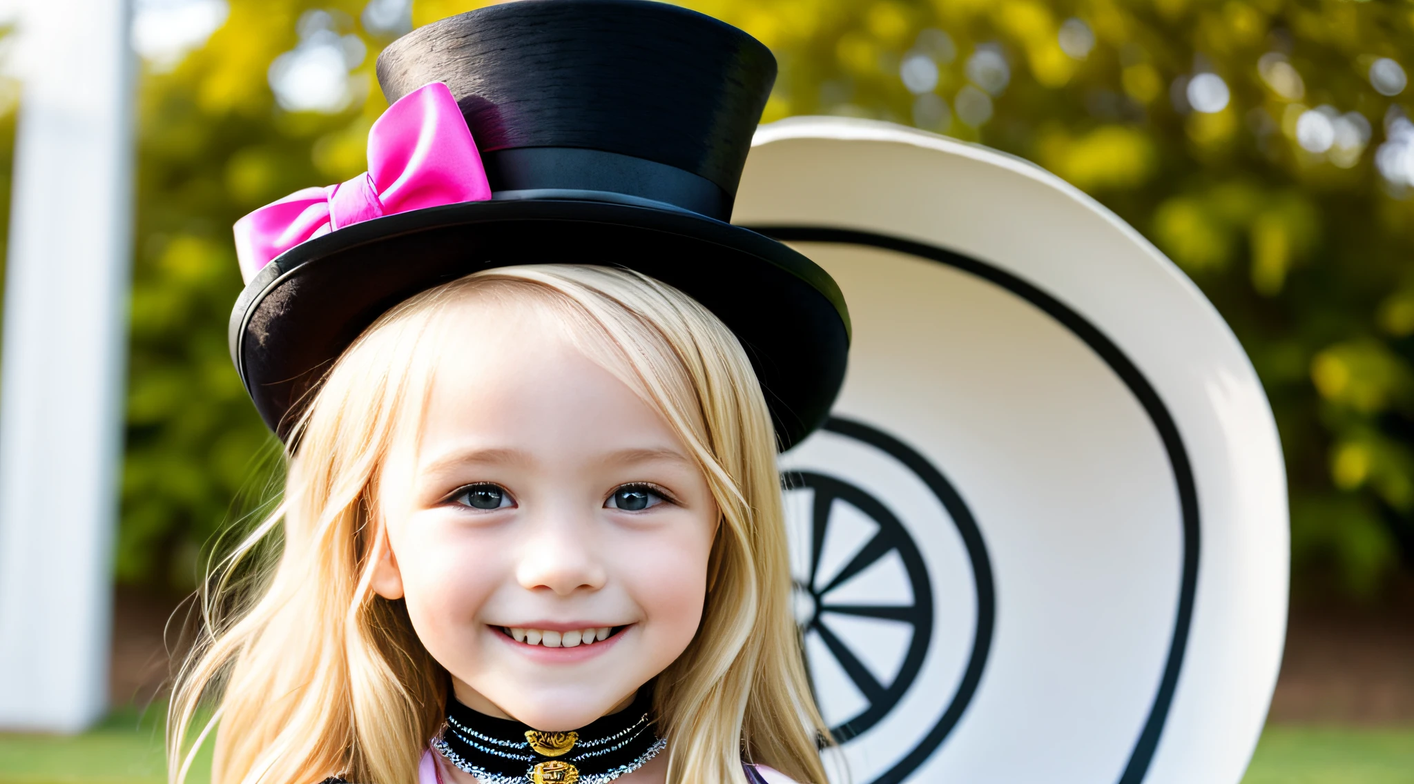 Girl child blonde long hair, with straps and top hat smiling, wearing a top hat, wearing a chocker and cute hat, wearing a party hat, wearing a silly hat, fancy funny hat, fancy flashy hat, wearing a pink headband, wearing a cute hat, with hat, kids, closeup of an adorable, wearing a top hat, she is wearing a hat