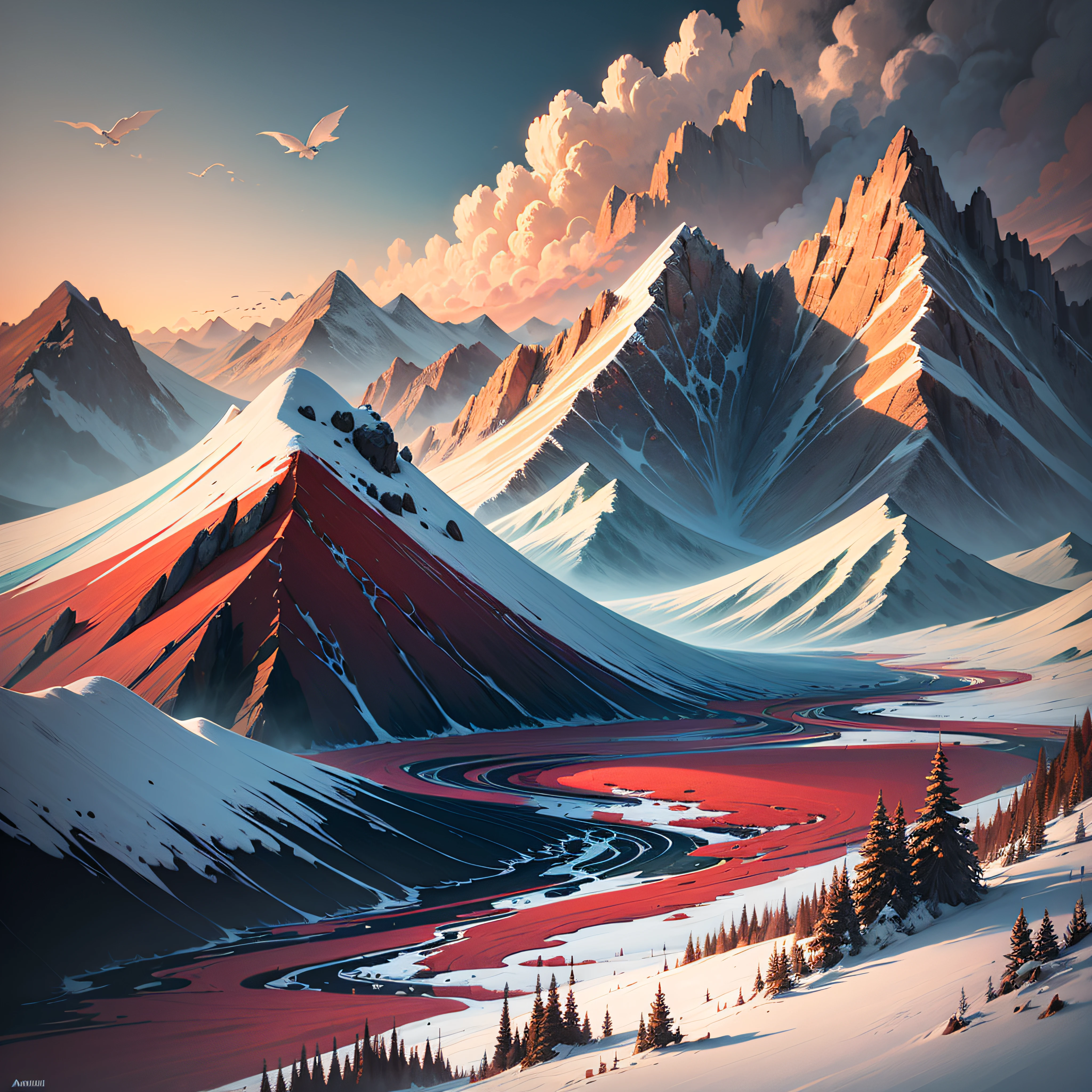 color gradient mountains art pixel art digital art wallpaper dlda de, in the style of martin ansin, realistic yet stylized, realistic landscapes with soft edges, crimson and azure, thechamba, tender depiction of nature, ary scheffer --auto --s2