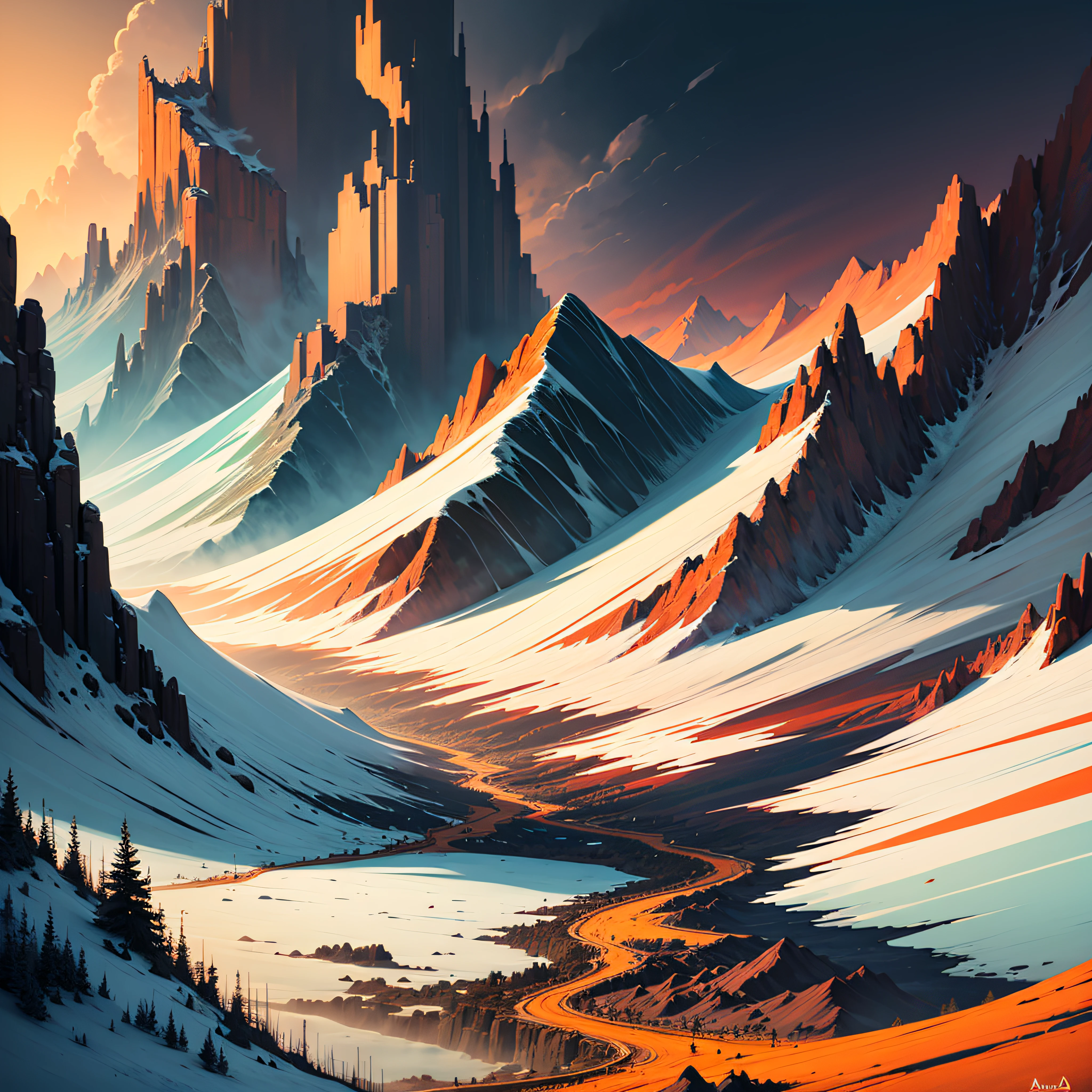 color gradient mountains art pixel art digital art wallpaper dlda de, in the style of martin ansin, realistic yet stylized, realistic landscapes with soft edges, crimson and azure, thechamba, tender depiction of nature, ary scheffer --auto --s2