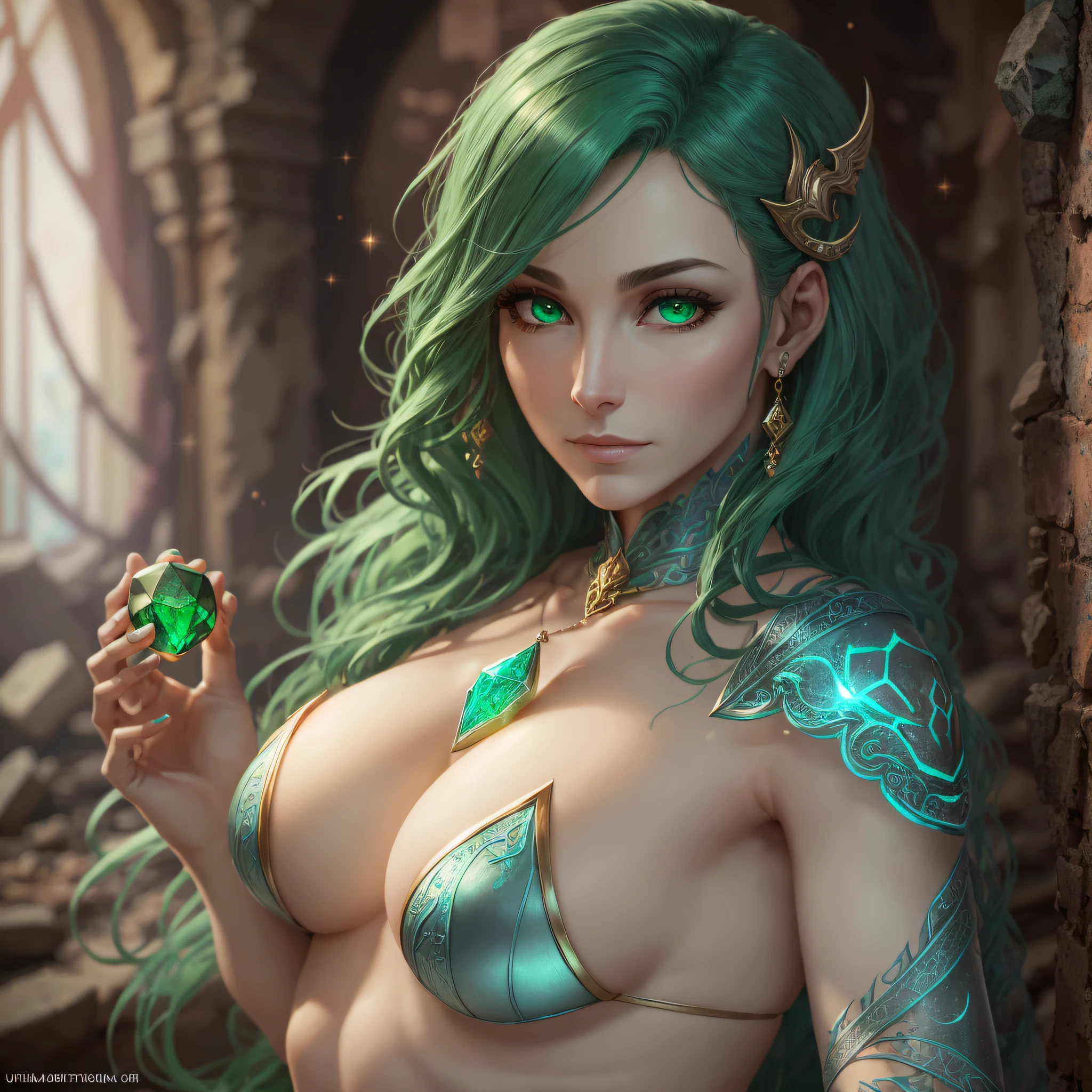 Best quality ((45 year old woman lamia)), (perfect face), green colored hair, pale skin, rune tattoos, holding a magical jewel in her hands, with a blank look on her face, in a ruin with slightly high natural light, (perfect body, artwork), with ultra detailed armor, (beautiful body perfection), (bust), (ultradetailed: 1.3), (high definition: 1.6), 8k