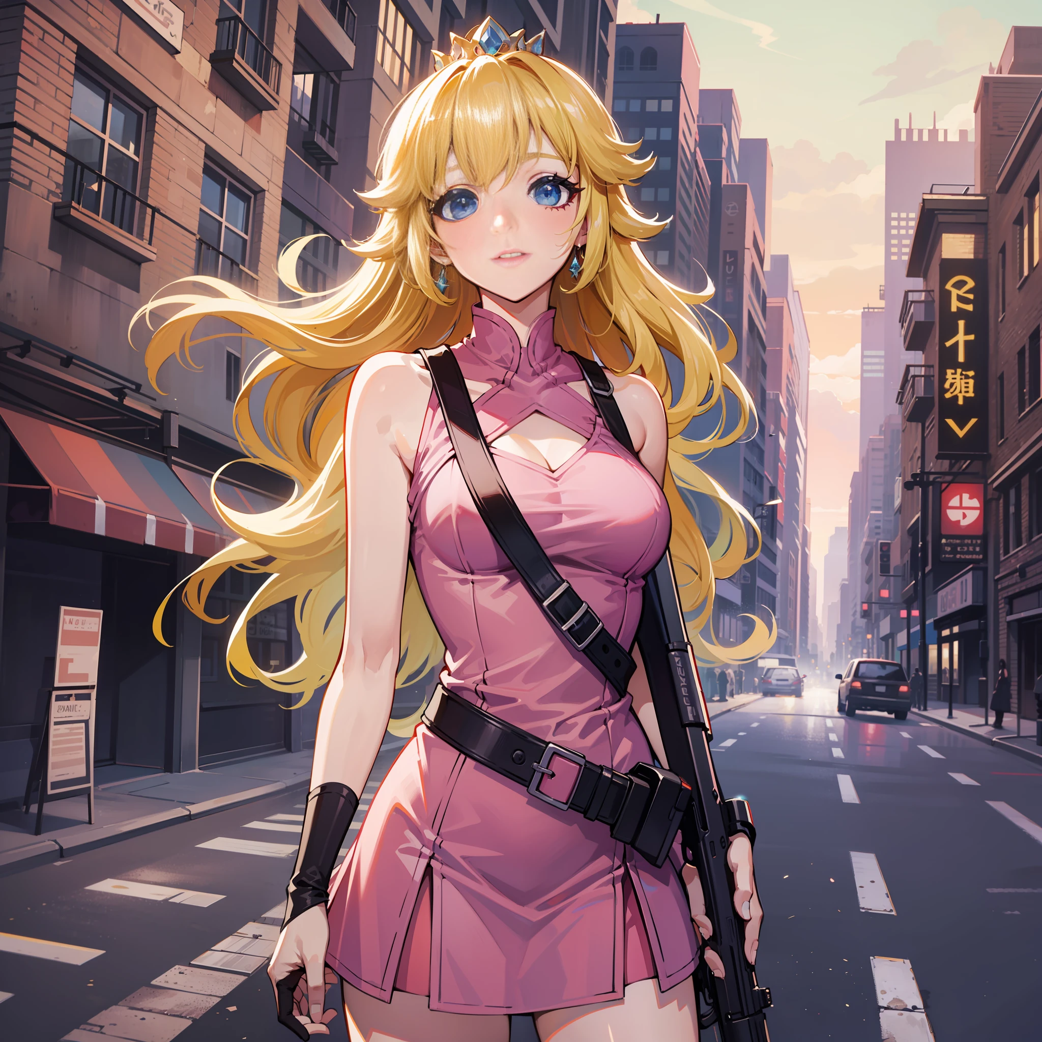 A woman, pink dress, athletic body, holding a gun, short clothes, blonde hair, blue eyes, long hair, in an apocalyptic city, deserted, city destroyed, princess peach,