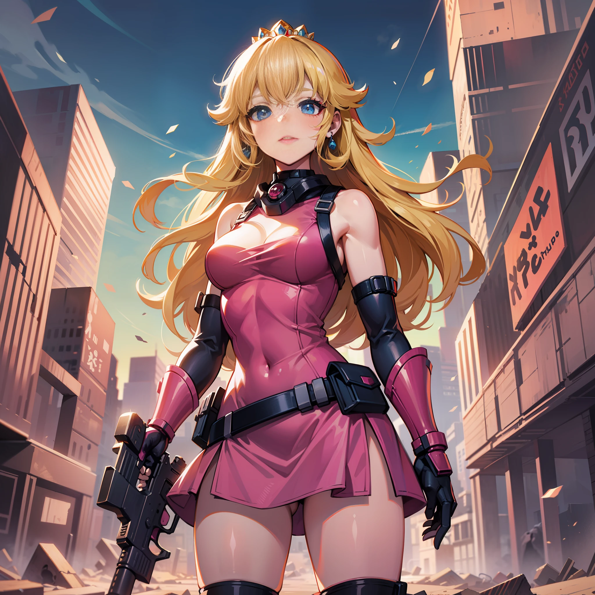 A woman, pink dress, athletic body, holding a gun, short clothes, blonde hair, blue eyes, long hair, in an apocalyptic city, deserted, city destroyed, princess peach,