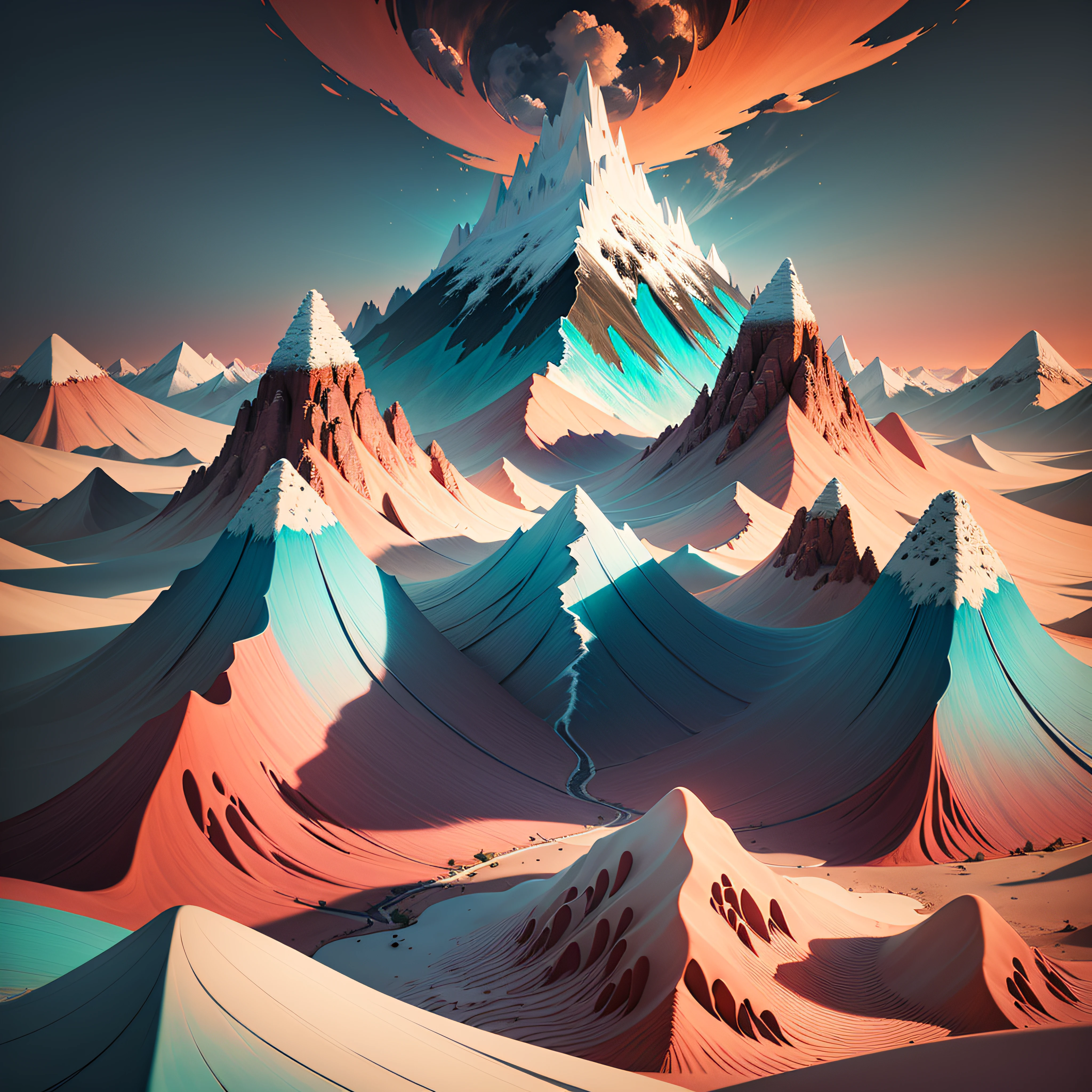 an abstract painting showing mountains at sunset, in the style of surreal 3d landscapes, isometric, realistic color palette, dark cyan and light crimson, himalayan art, illustration, color gradients --auto --s2