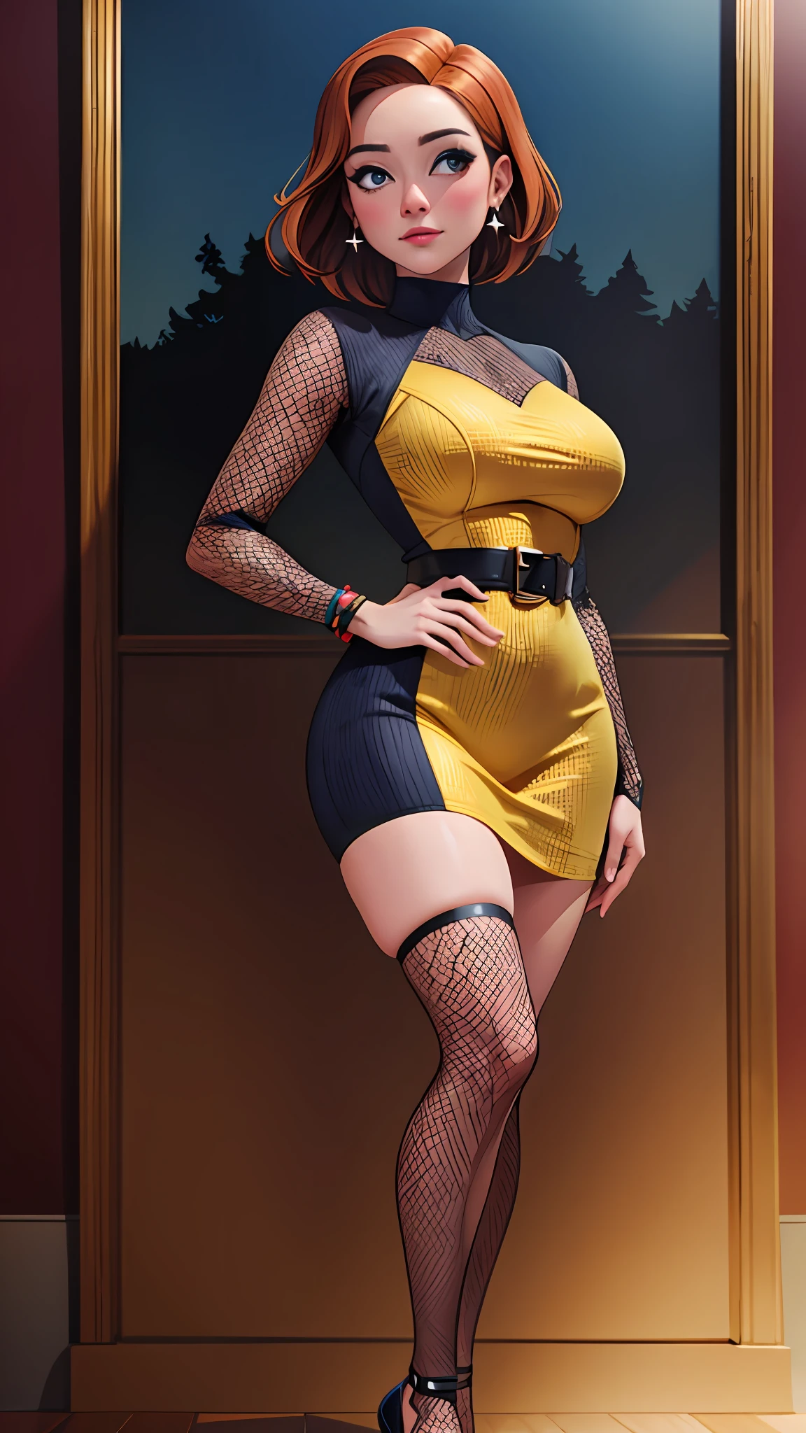 8K, (best quality:1.3), (masterpiece:1.3), (detailed:1.2), distinct image, (Cowboy shot), BREAK Solo, looking at viewer, Voluptuous body, Layered Cut Golden Auburn hairs, Mahogany eyes, Mesh Sleeve Bodycon Dress natural volumetric lighting, Artistic Background ((((standing upright))))
