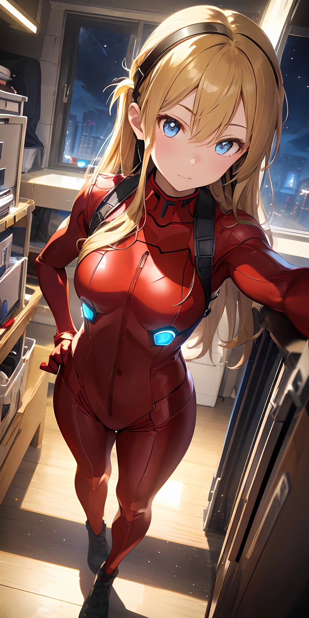 (Overhead view),dynamic angle,ultra-detailed, illustration, close-up, straight on, 1girl, 
 ((souryuu asuka langley, interface headset, red bodysuit:1.4, blonde)),Her eyes shone like dreamy stars,(glowing eyes:1.233),(beautiful and detailed eyes:1.1),(expressionless,closed mouth),(standing), 
(mechanic room with toolsand spaceship windowin a white SPACESHIP),
(night:1.2),dreamy, [[delicate fingers and hands:0.55]::0.85],(detail fingers),
