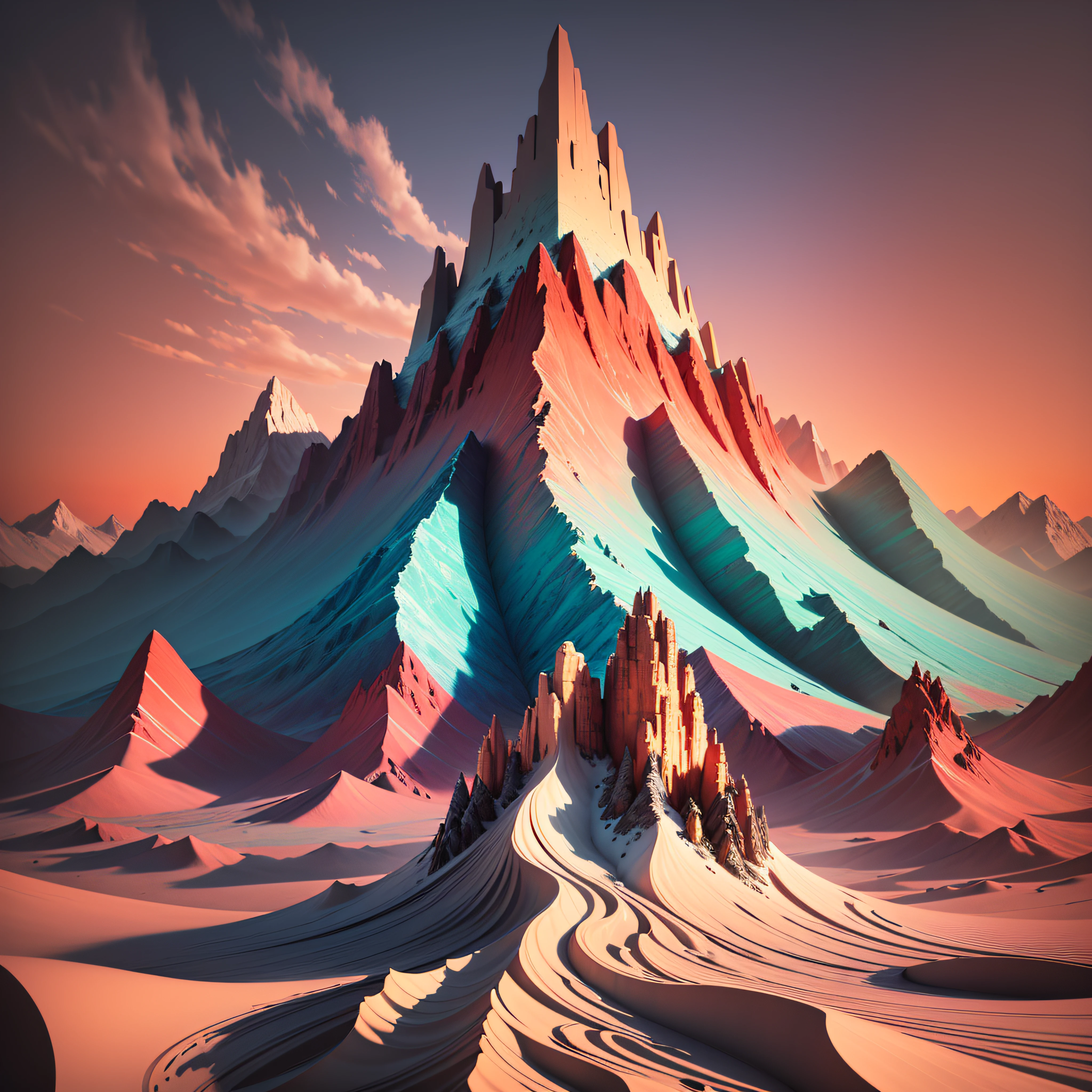 an abstract painting showing mountains at sunset, in the style of surreal 3d landscapes, isometric, realistic color palette, dark cyan and light crimson, himalayan art, illustration, color gradients --auto --s2