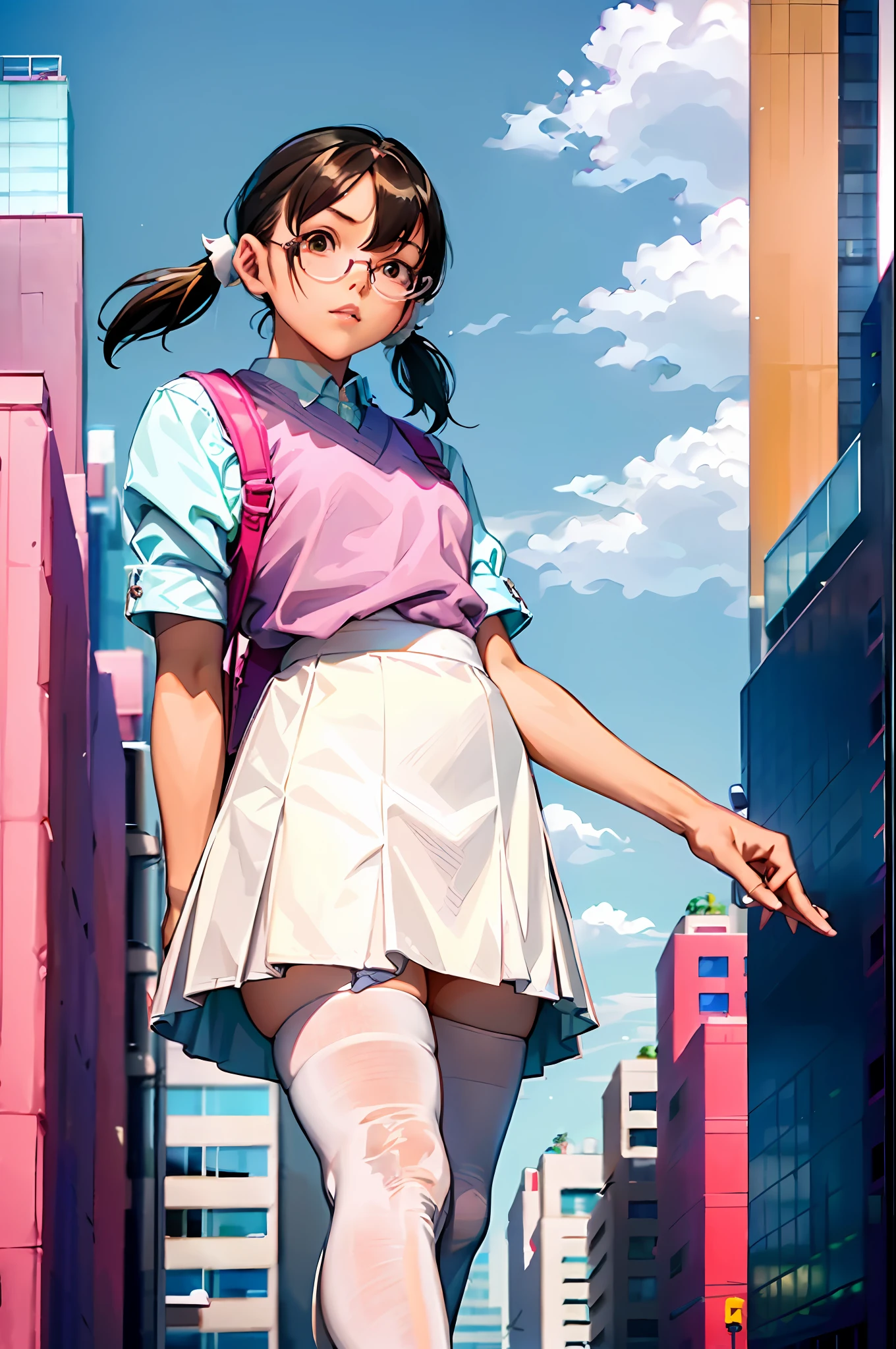 1 girl, minamoto_shizuka, bangs, ((((pigtails)))), , pink top, pink skirt, white socks, white panties, (Towering legs: 5.0, towering body: 5.0, giant: 5.0))) )), (((City of Miniature: 2.0)))), ((Upskirt: 5.0)))), ((((Perspective: 2.0)))), Panty Focus