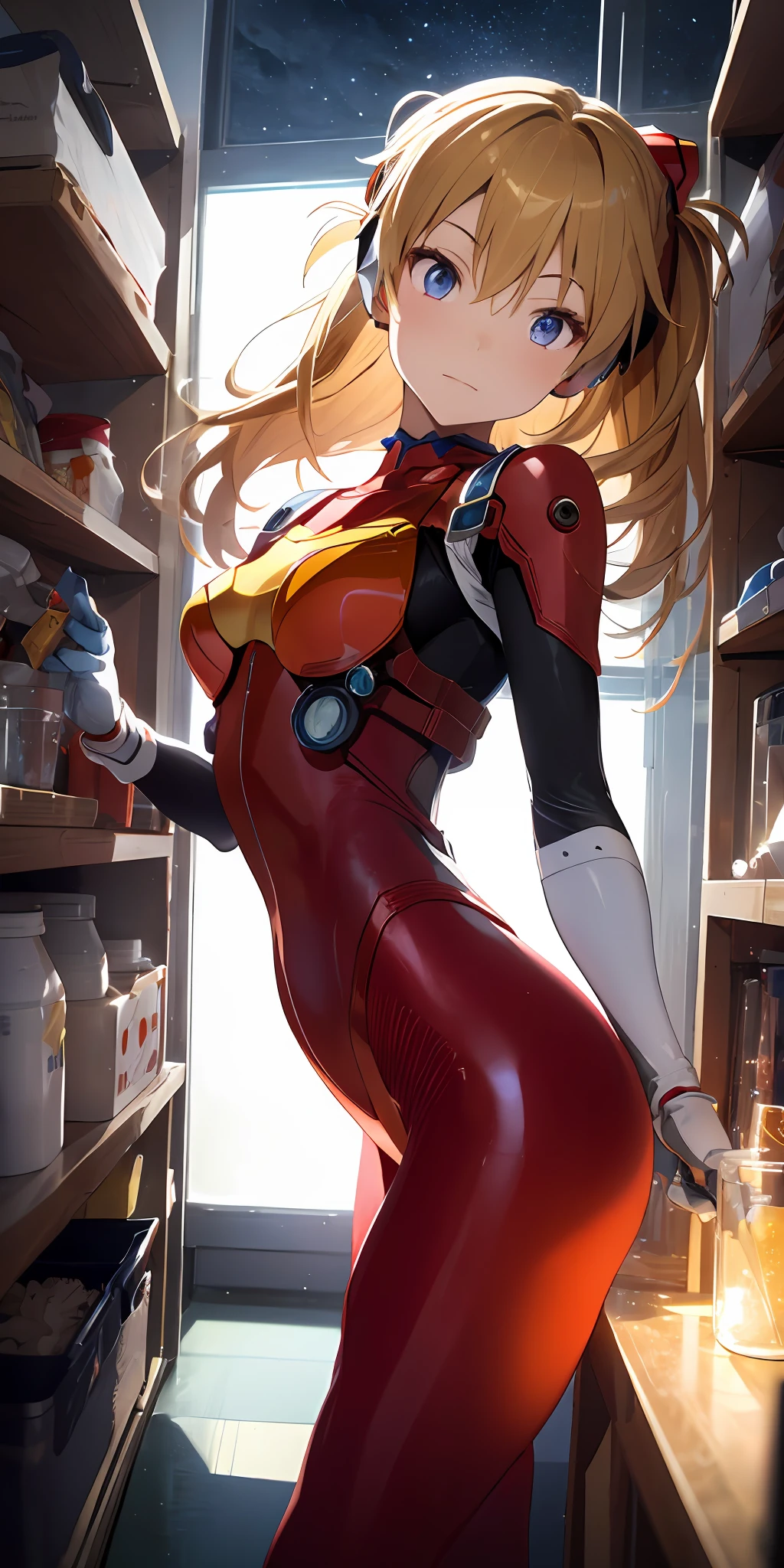 (Overhead view),dynamic angle,ultra-detailed, illustration, close-up, straight on, 1girl, 
 ((souryuu asuka langley, interface headset, red bodysuit:1.4, blonde)),Her eyes shone like dreamy stars,(glowing eyes:1.233),(beautiful and detailed eyes:1.1),(expressionless,closed mouth),(standing), 
(mechanic room with toolsand spaceship windowin a white SPACESHIP),
(night:1.2),dreamy, [[delicate fingers and hands:0.55]::0.85],(detail fingers),