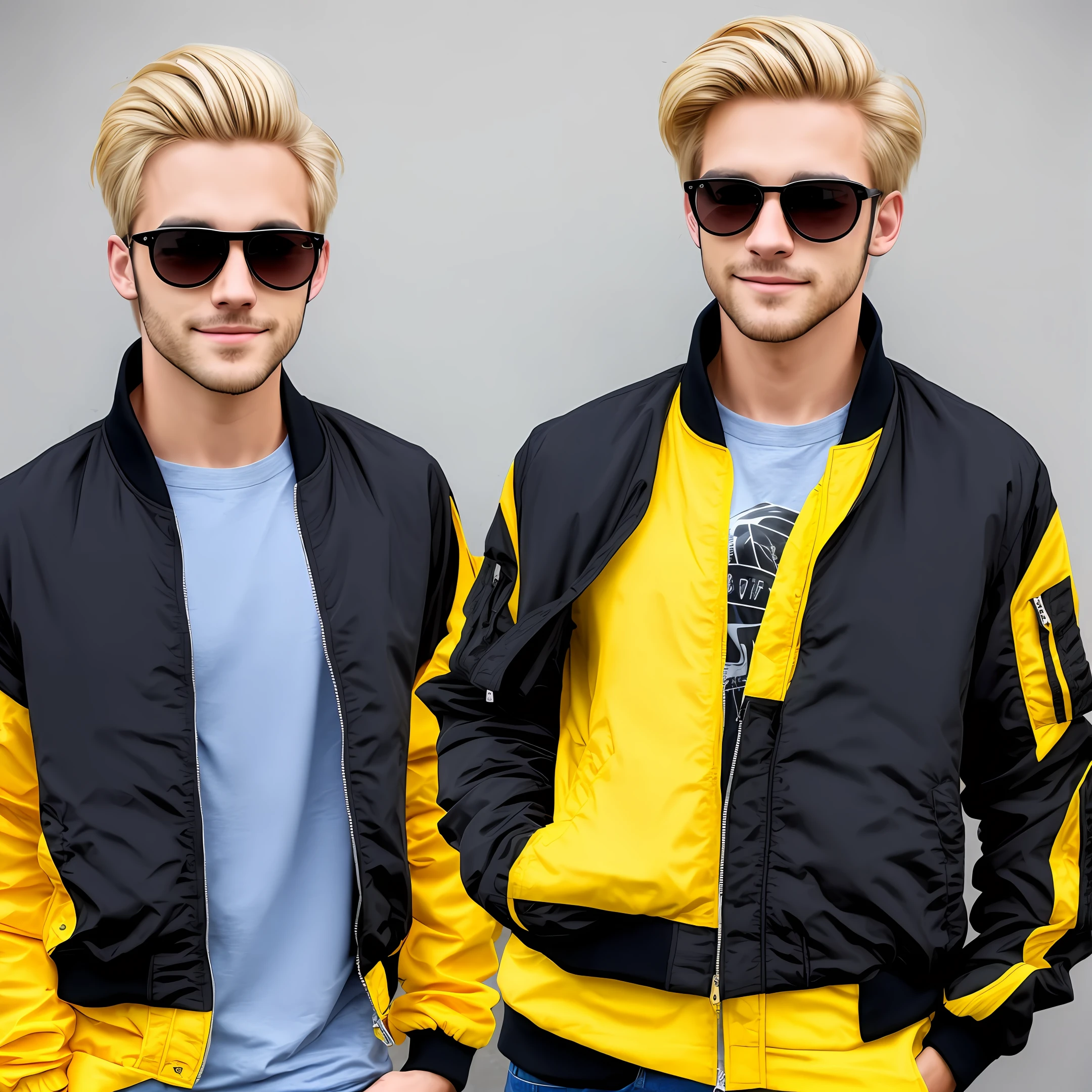 Male guy blonde hair wearing black bomber jacket with yellow shirt and aviator glasses