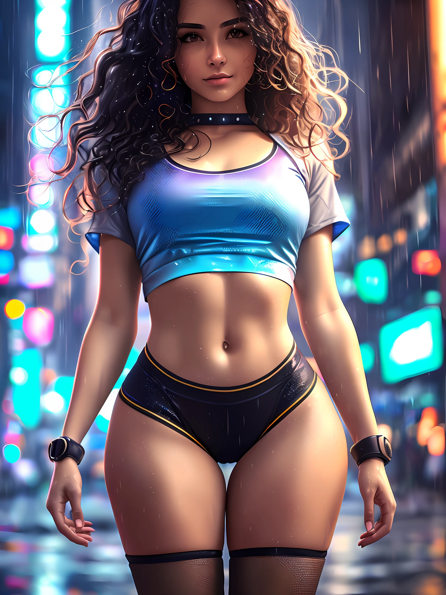 gorgeous woman with wavy hair detailed alluring eyes Thigh gap long sexy legs wearing tiny shorts tshirt in beautiful futuristic cyberpunk+ city, mist, wet, raining, best quality masterpiece, photorealistic, detailed, 8k, HDR, shallow depth of field, broad light, high contrast, backlighting, bloom, light sparkles, chromatic aberration, sharp focus, RAW color photo