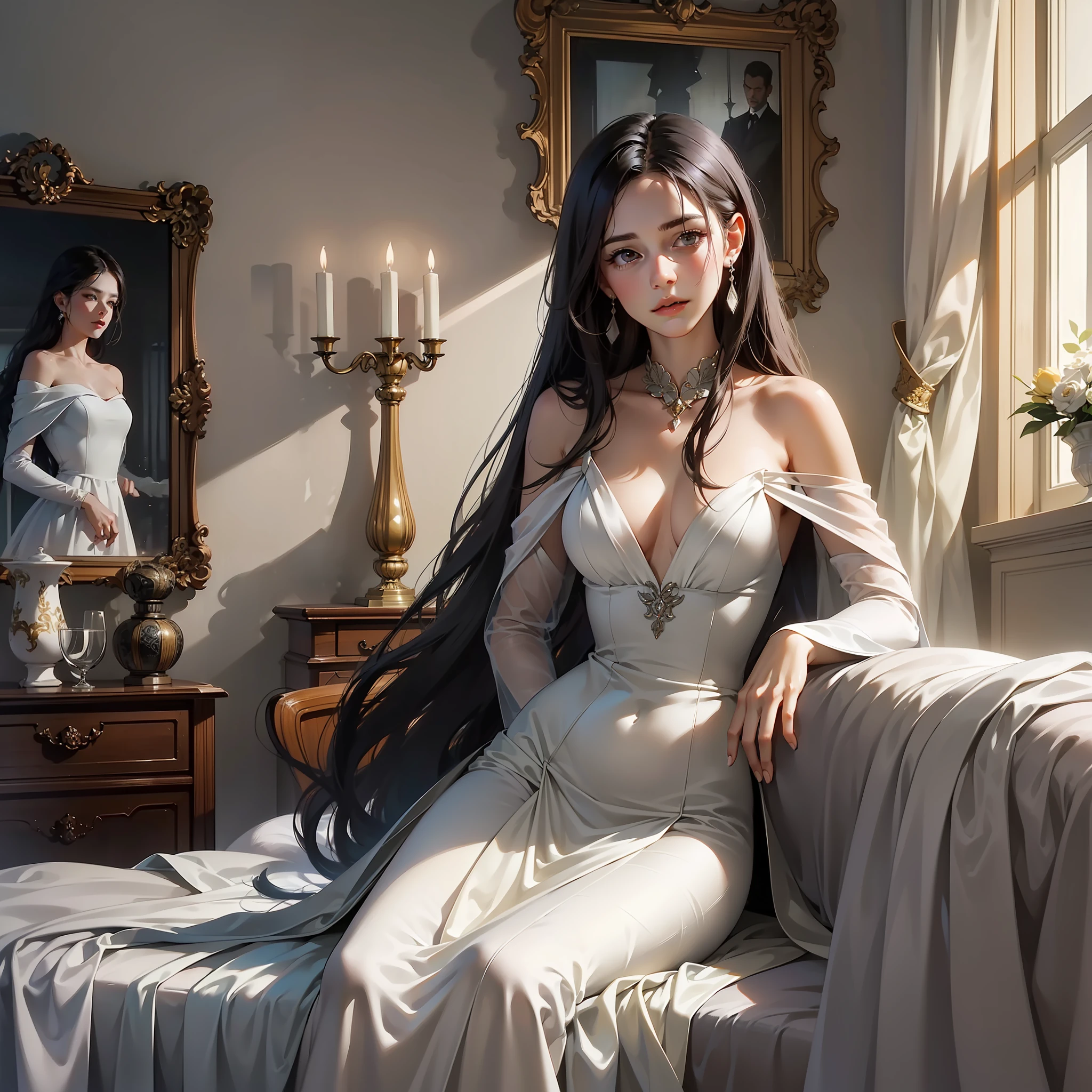 (A young woman with delicate features stands by the edge of the bed, wearing an expression of indifference: 1.8) (She has long flowing hair that cascades down her shoulders: 1.9) (She is dressed in a sleek and elegant gown, exuding an air of sophistication: 1.8) (Her posture is upright, emanating a sense of poise and confidence: 1.9) (The room is dimly lit, casting a somber and melancholic atmosphere: 1.8)