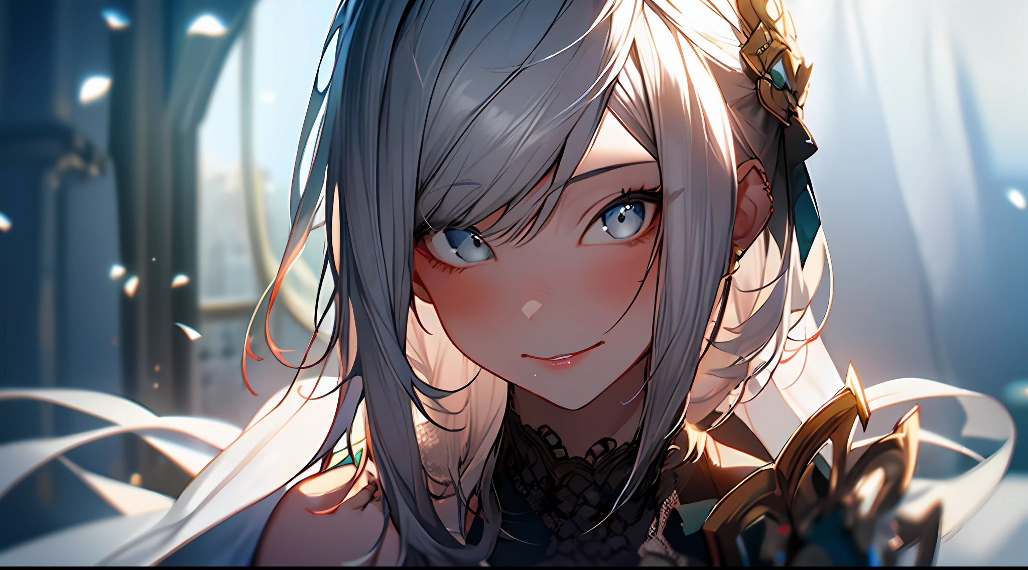 1girl, solo, portrait, lips, gem, bairs, close-up, grey eyes, white hair, looking at viewer, long hair, 2B in wedding dress, game character, white lace dress with Arad image of woman, transparent lace, fabric panels, Sakimi Chan, Rossdraw Sakimimichan, ArtStation Artgerm on Pixiv, Artgerm in great detail, [8K digital art]!, Sakimichan, popular on ArtStation Pixiv, WLOP and Sakimichan,! Dream Art Germ, Huge Tits, Plump Figure, Fleshy, Very Long Hair, Colorful, HDR, Ray Tracing, NVIDIA RTX, Super Resolution, Unreal 5, Subsurface Scattering, PBR Textures, Post Processing, Anisotropic Filtering, Depth of Field, Maximum Clarity and Sharpness, Rule of Thirds, 16k Prist, (Glowing Particles: 1.4), Extremely Detailed CG, Unity 8k Wallpaper, 3D, Cinematic Lighting, Lens Vires, Reflections, Sharp Focus, Realistic, Highly Detailed CG Illustration, extremely delicate and beautiful cinematic light, (realistic: 1.5), (dark background: 1.5), dynamic angle, masterpiece, best quality, super detailed, illustration, detailed light, dramatic_shadow, face shadows, extra details, best performance,