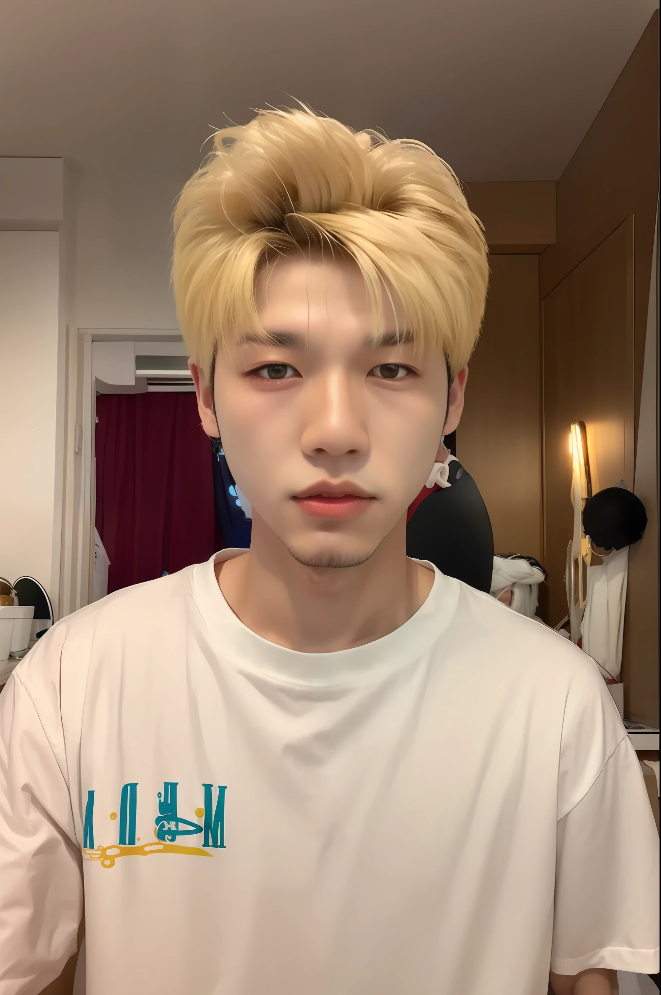 In the room there are Arafad men with blonde hair and white shirts, Sung Yanjun, Kim Tae-joon, Wan cute Korean face, 120 years old - boy slim face, Asian male, long blonde hair, twitch streamer/gamer Ludwig, Kim Do-young, Hong Joon-hyung, Korean male, Asian face, Jimin swollen right eyelid, young Van Angel --auto --s2