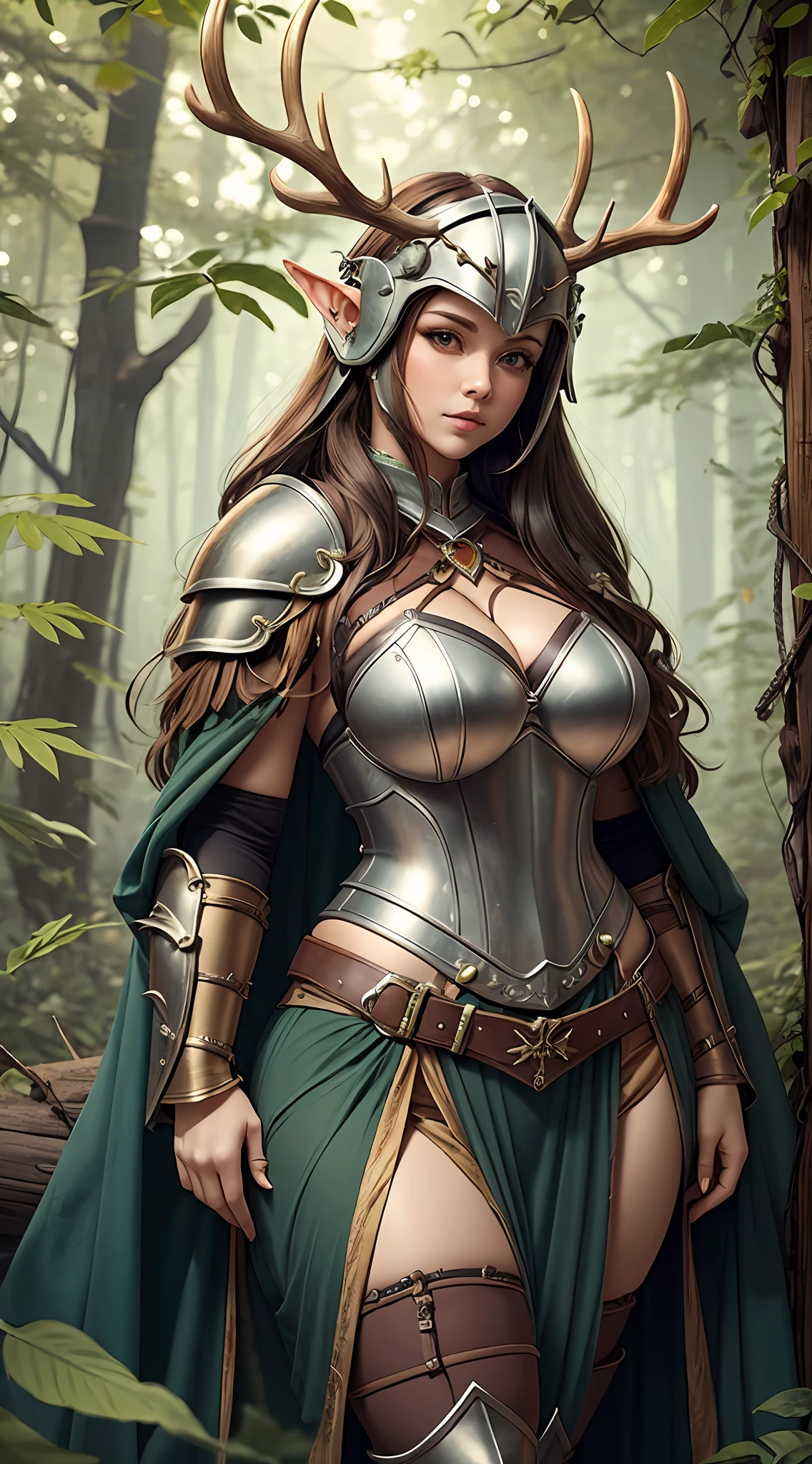 Cleavage, boobs, thighs, thicc, curvy, Elf. Antlers. Elf, Helmet with Antlers, Her armor is rusted old with leafs and wood,