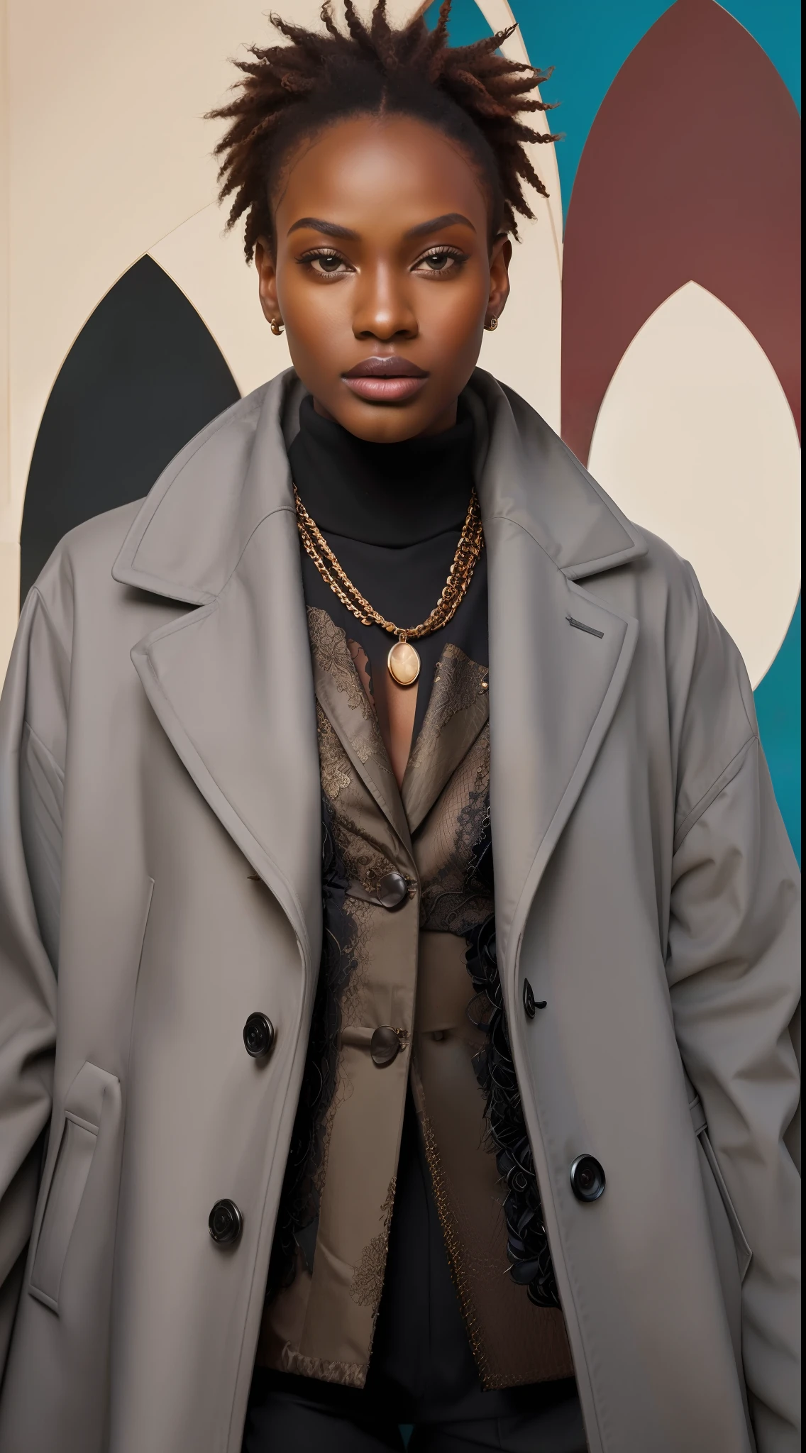 a black model with African facial features posing elegant for digital magazine cover editorial photo, wearing winter clothes, ultra modern wool overcoat, intense vivid colors, detailed, haute couture, ultra detailed finishes, cute look, intricate details, magazine cover editorial style photo, high fashion, apply editorial environment, masterpiece, highest quality,  ultra detailed, high definition,