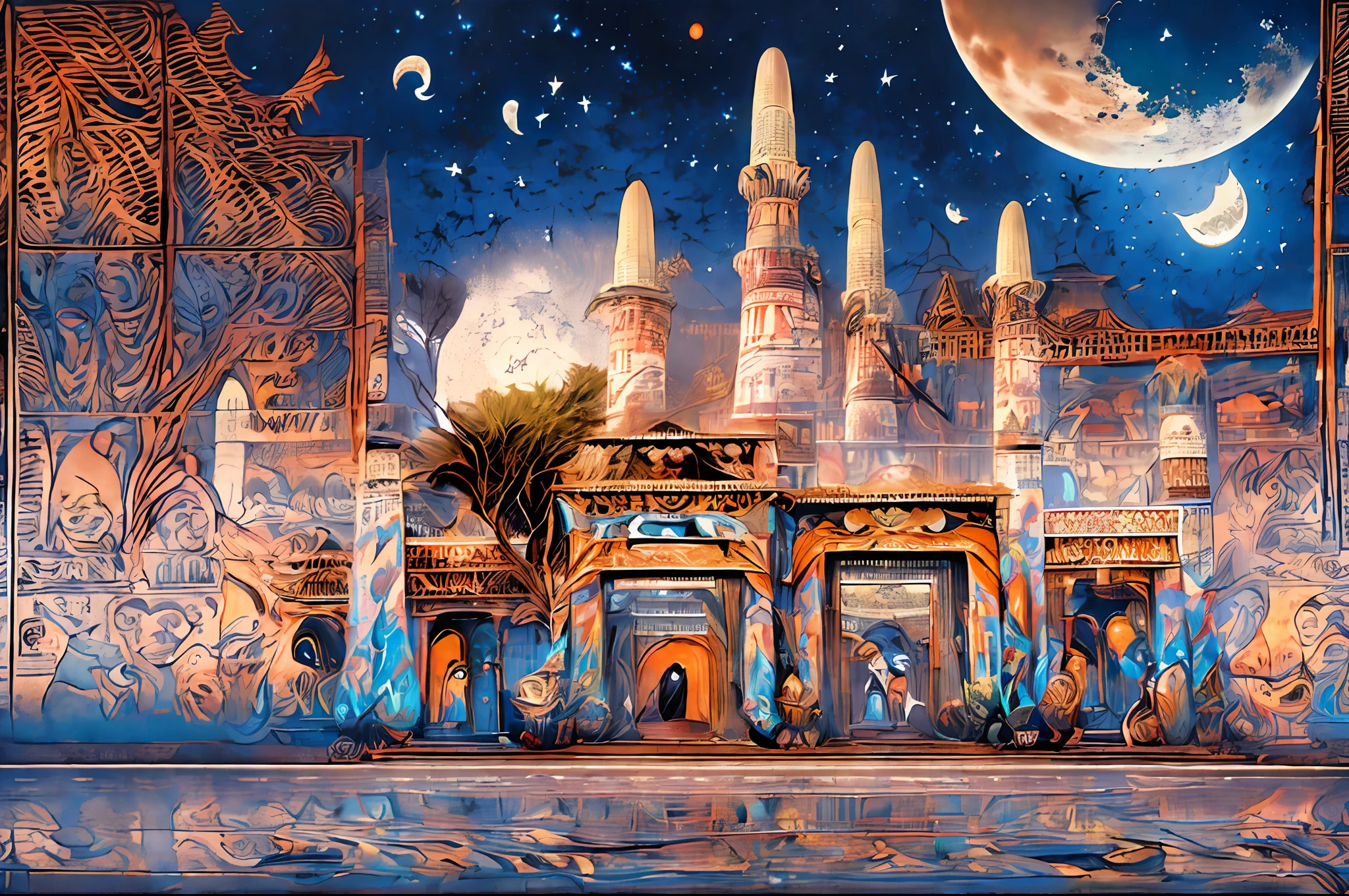 there is a large futuristic masterpiece Arabian palace in the middle of a futuristic arabian city with a moon, in fantasy sci - fi city, sci-fi fantasy wallpaper, masterpiece Quranic art cityscape, epic   Quranic art sci fi illustration, huge futuristic Quranic art city, fantasy scifi, sci-fi fantasy desktop wallpaper, Quranic art city background, in front of a fantasy city, fantasy city, in a castle on an alien planet with masterpiece Quranic art