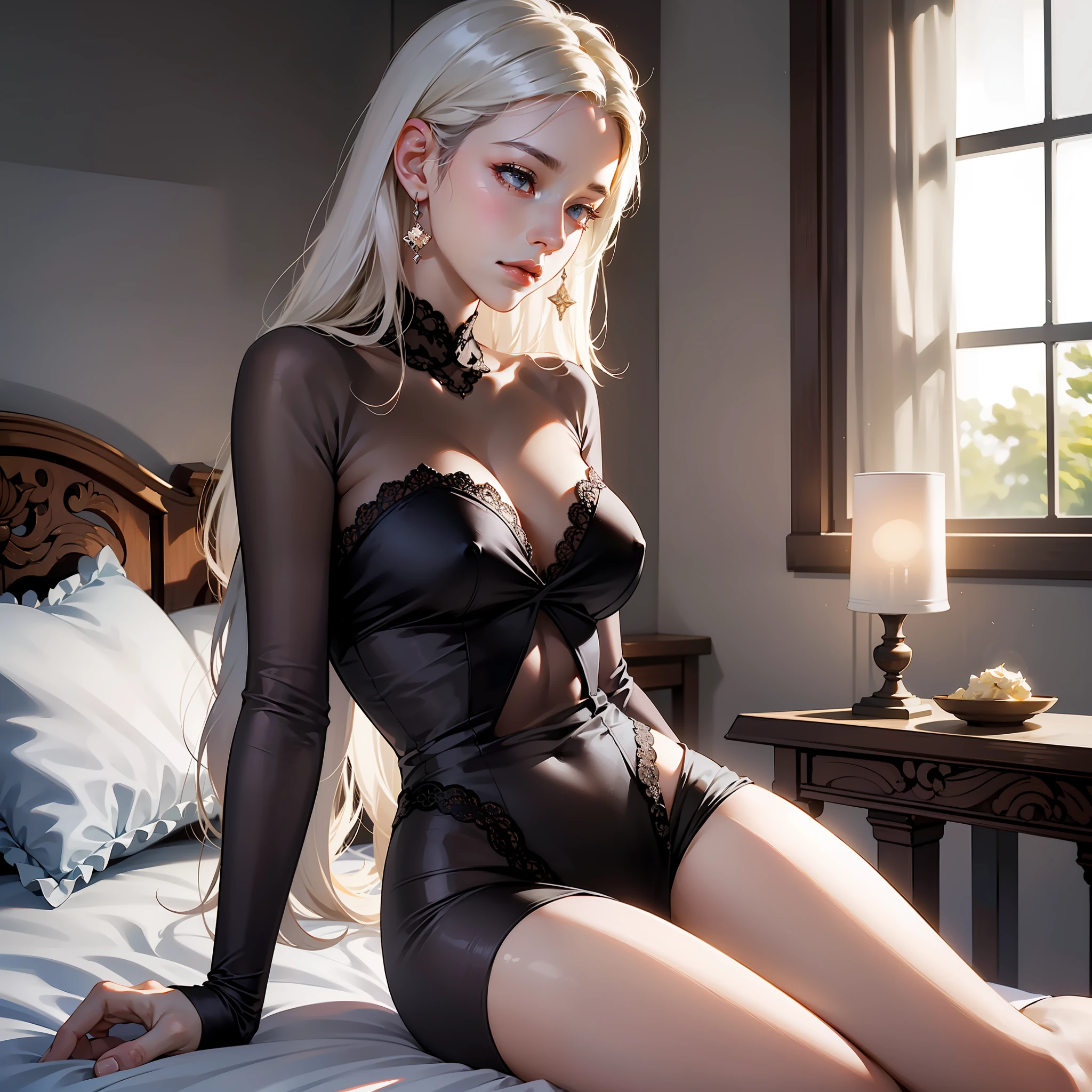 (In the night, a young woman with delicate features stands by the edge of the bed, wearing a cold and indifferent expression: 1.9) (Her complexion is flawless, with no exposed skin: 1.8) (She emanates an air of elegance and sophistication: 1.9) (The room is softly lit, creating a serene ambiance that complements her aloof demeanor: 1.8)