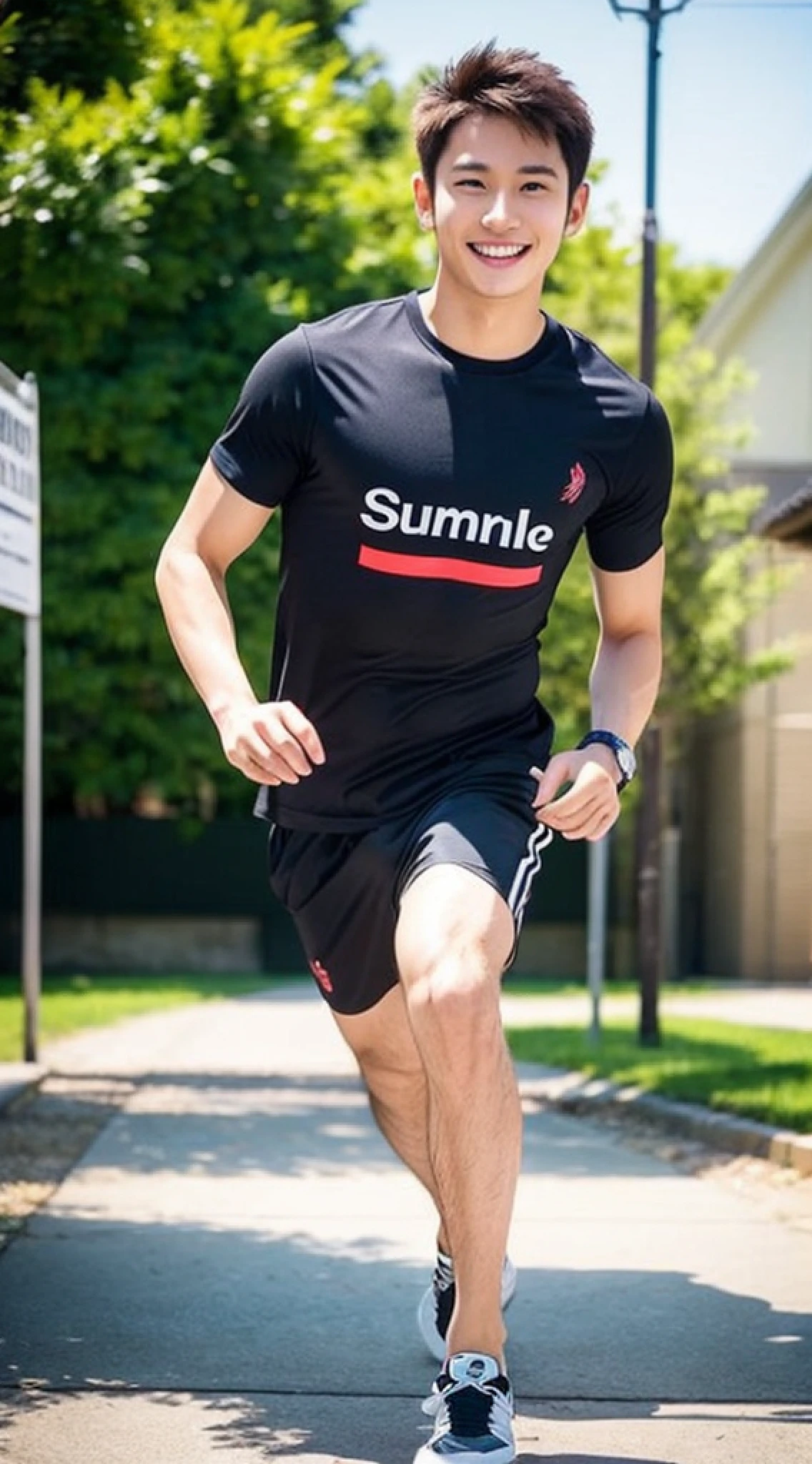 Male, about 25 years old, smile, sharp focus, full body (1.5), summer, T-shirt, wonderful, sports,