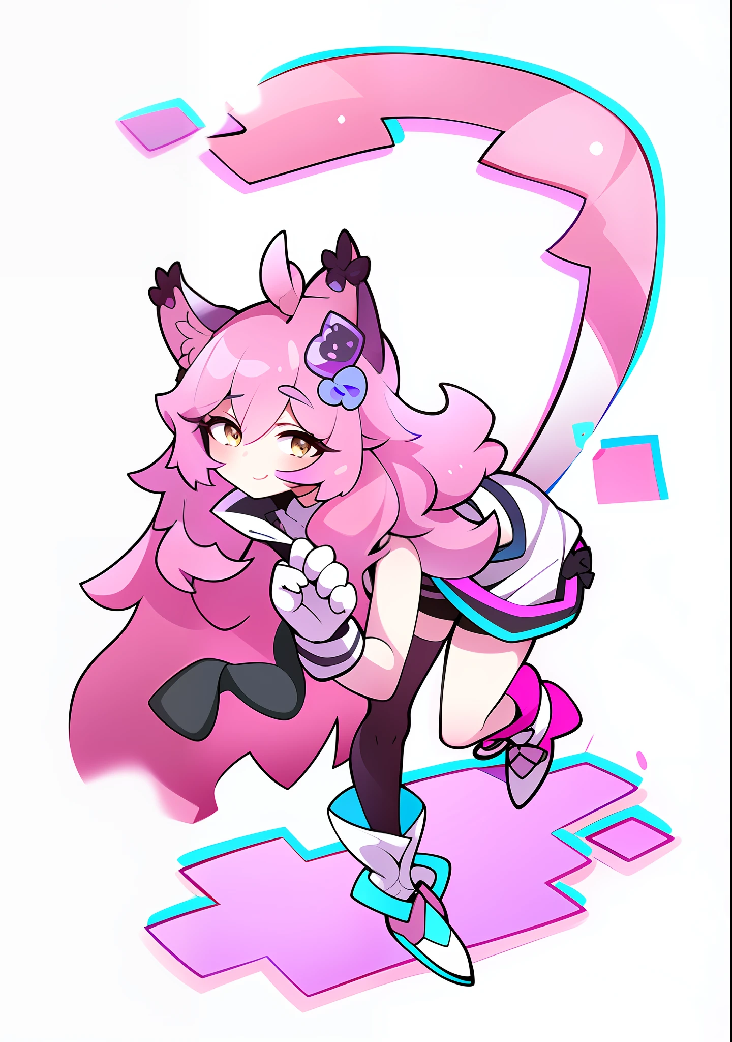 1 kawaii anime girl with cat ears and cat tail with purple and white hair