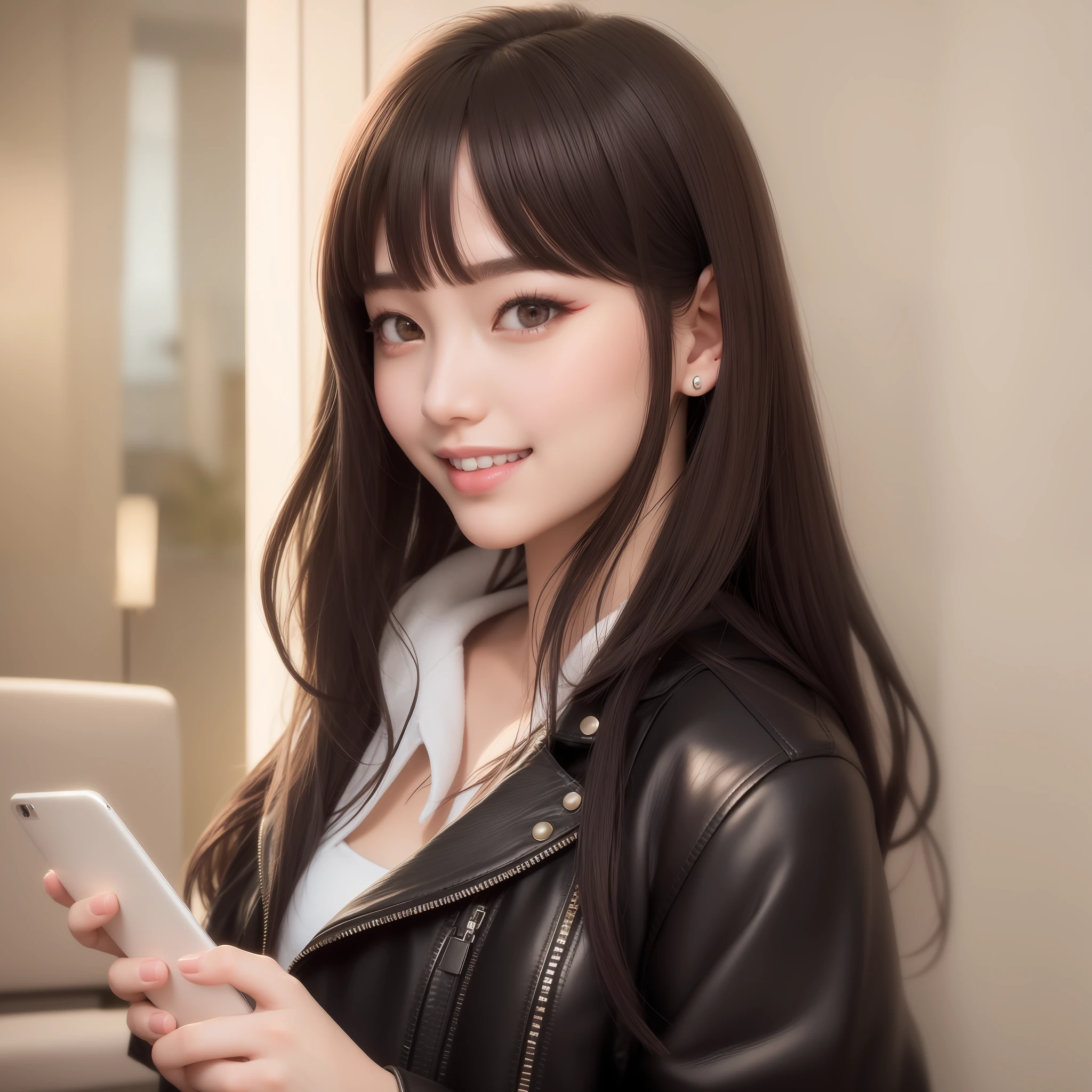 Arafe woman in black leather jacket holding mobile phone, smiling, smiling, gorgeous young korean woman, Larisa Manobal, portrait of Korean female idol, beautiful young Korean woman, beautiful korean woman, korean girl, blackpink Larisa Manoban, Tsuyu from TWICE, Korean female fashion model, cute korean actress, korean woman, She has a smartphone