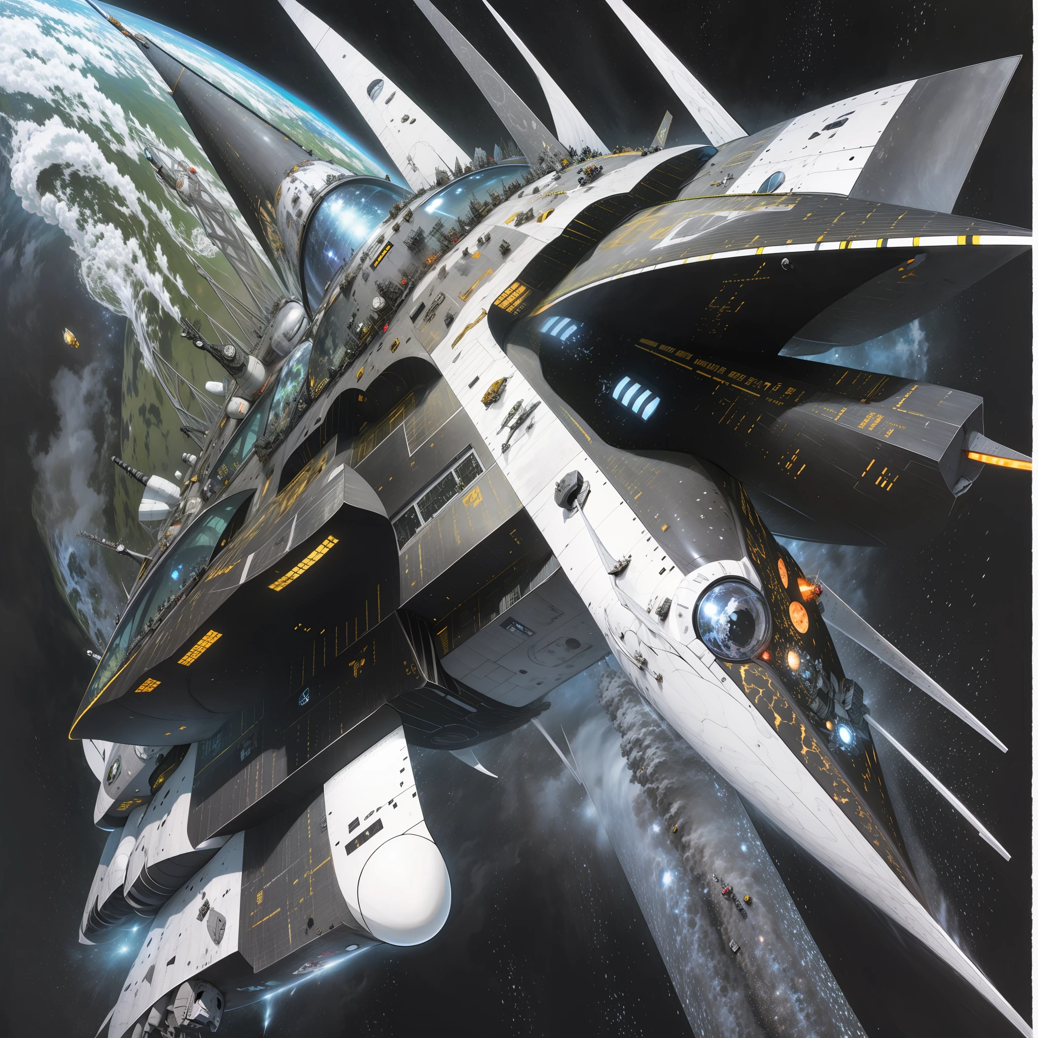 We see a spaceship flying in space,a large and very technological ship,manga style,black and white,clean laineart,detailed