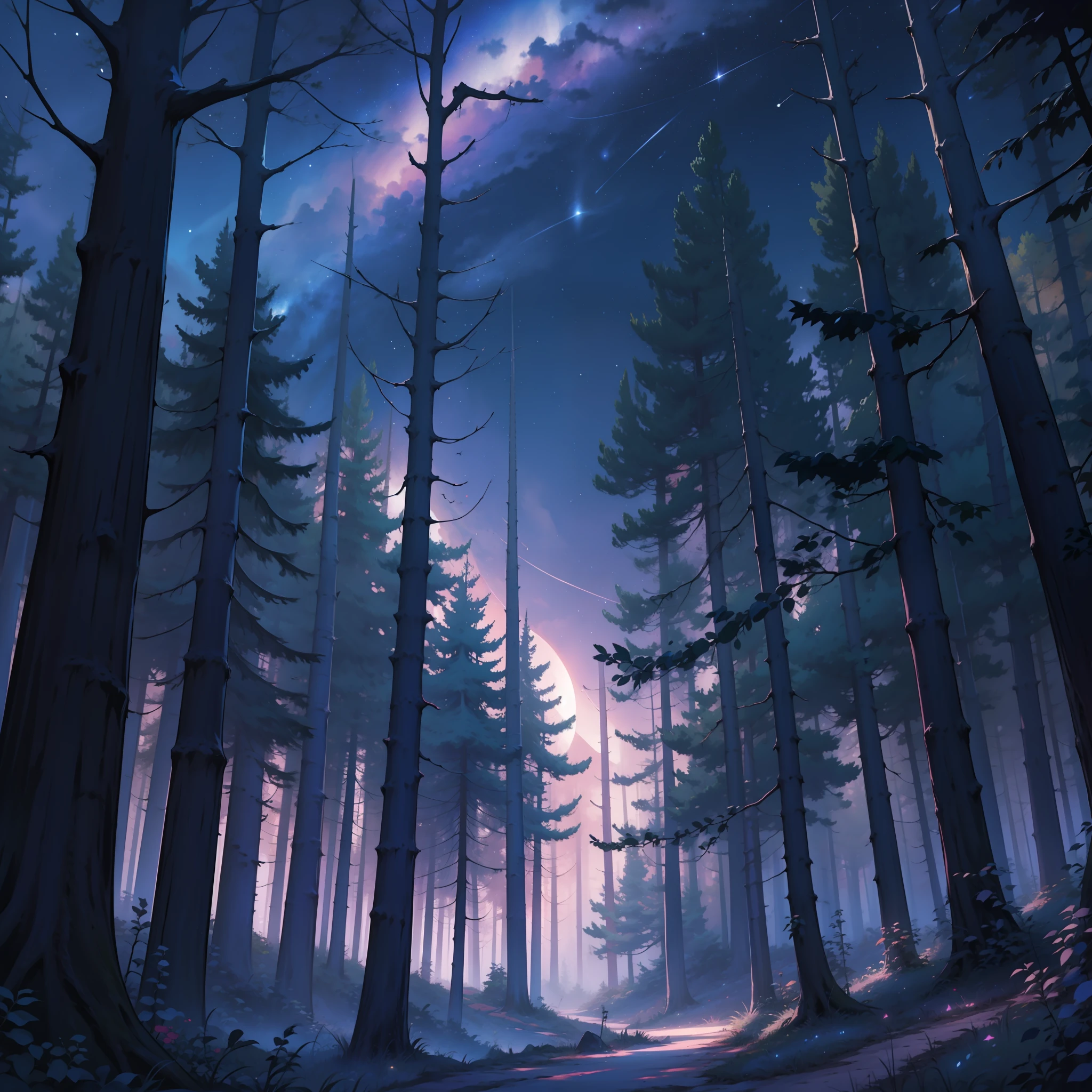 anime night, dark night, starry sky, forest, deep woods
